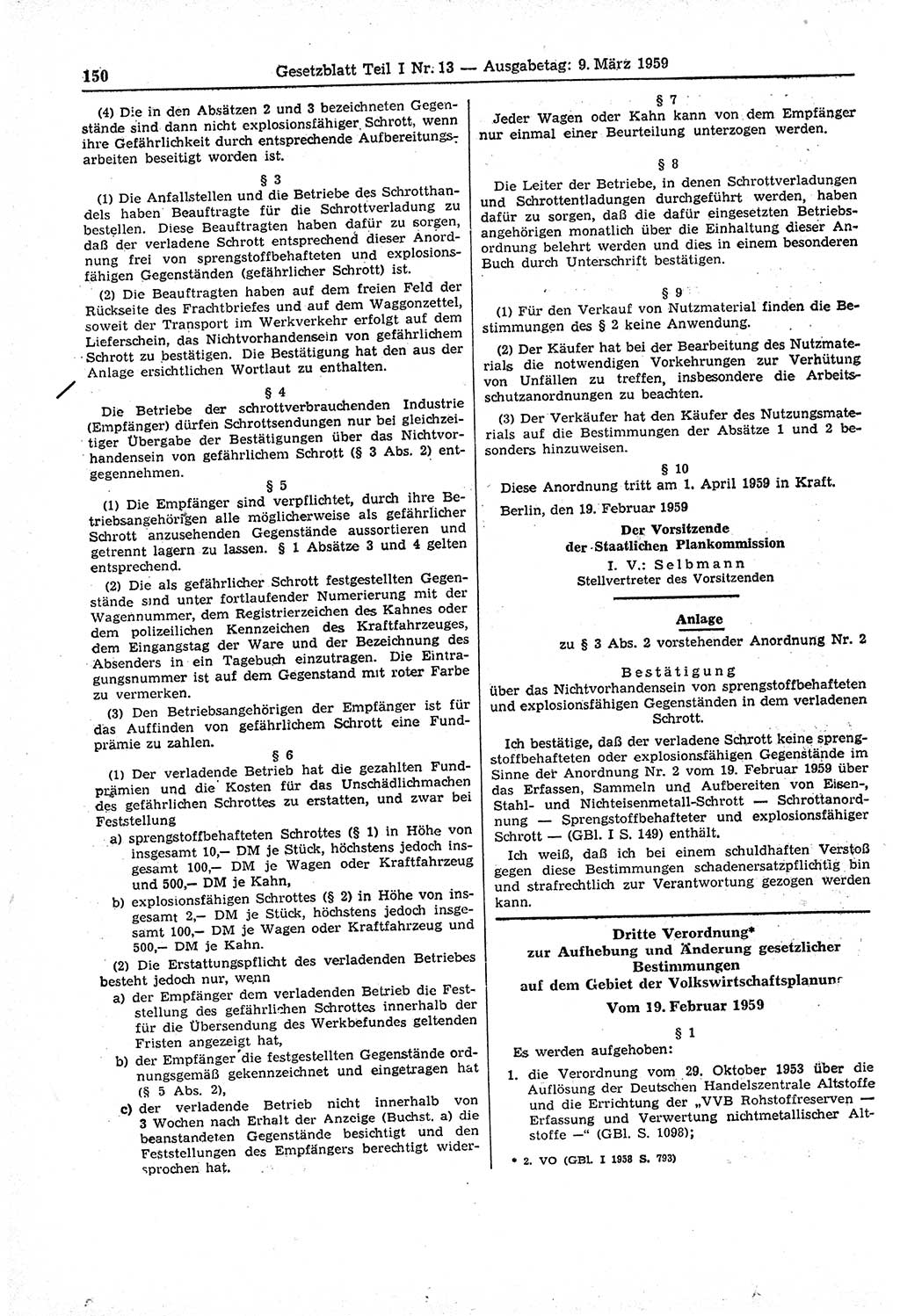 Gesetzblatt (GBl.) der Deutschen Demokratischen Republik (DDR) Teil Ⅰ 1959, Seite 150 (GBl. DDR Ⅰ 1959, S. 150)