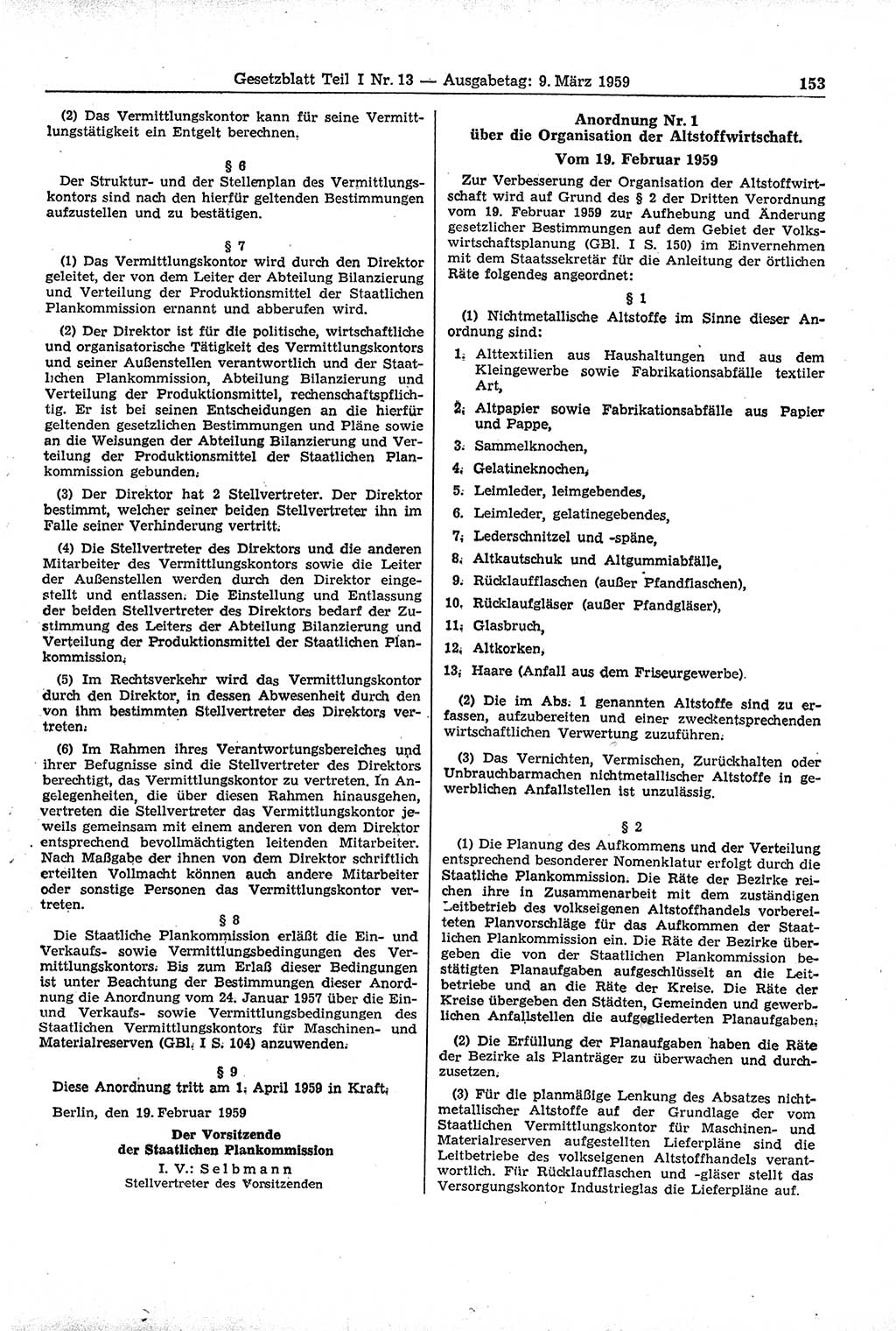 Gesetzblatt (GBl.) der Deutschen Demokratischen Republik (DDR) Teil Ⅰ 1959, Seite 153 (GBl. DDR Ⅰ 1959, S. 153)