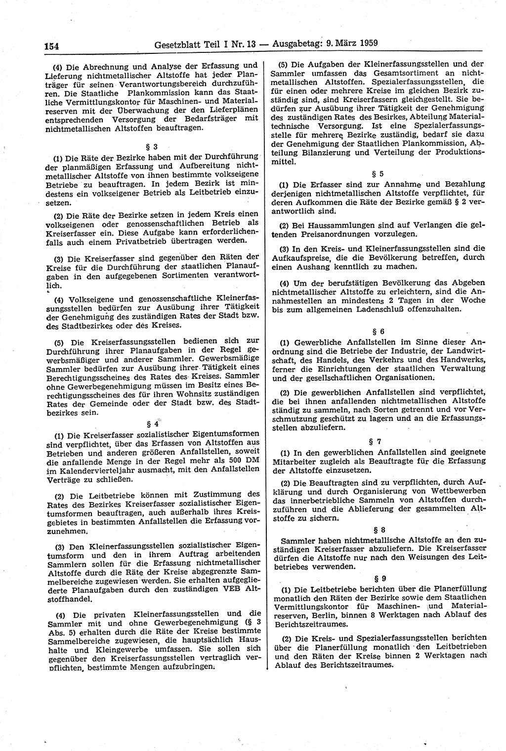 Gesetzblatt (GBl.) der Deutschen Demokratischen Republik (DDR) Teil Ⅰ 1959, Seite 154 (GBl. DDR Ⅰ 1959, S. 154)