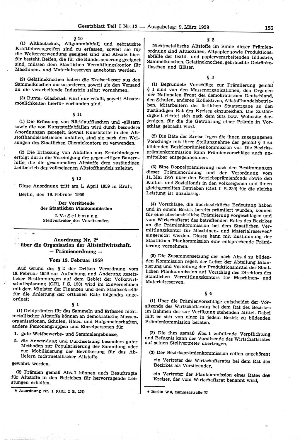 Gesetzblatt (GBl.) der Deutschen Demokratischen Republik (DDR) Teil Ⅰ 1959, Seite 155 (GBl. DDR Ⅰ 1959, S. 155)