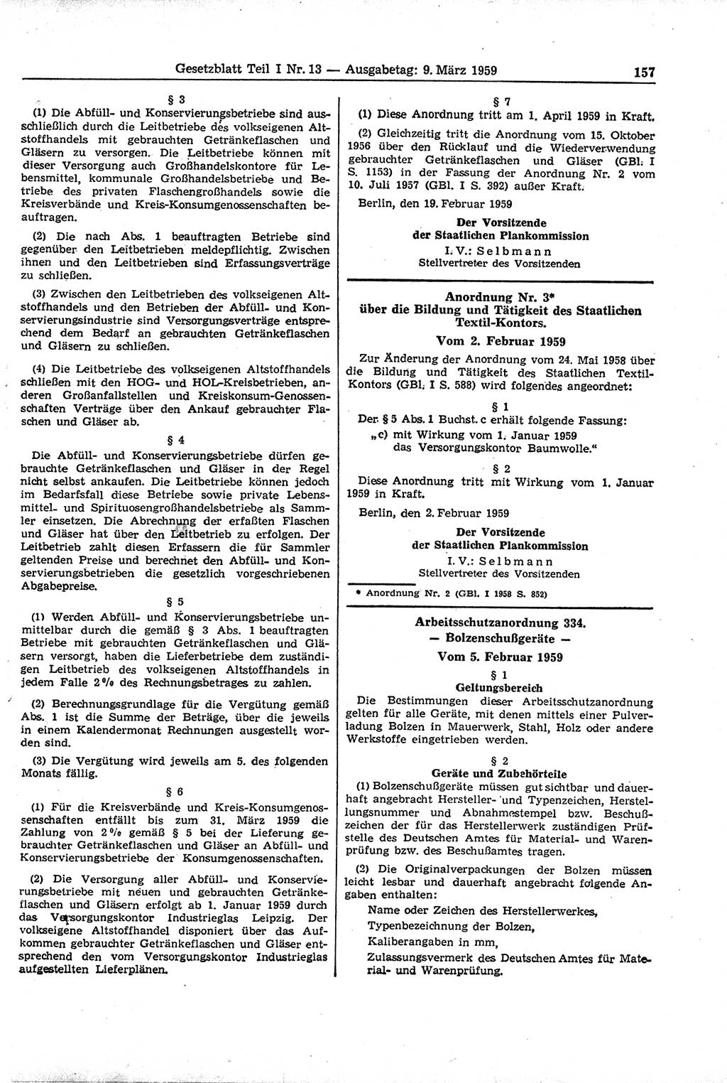 Gesetzblatt (GBl.) der Deutschen Demokratischen Republik (DDR) Teil Ⅰ 1959, Seite 157 (GBl. DDR Ⅰ 1959, S. 157)