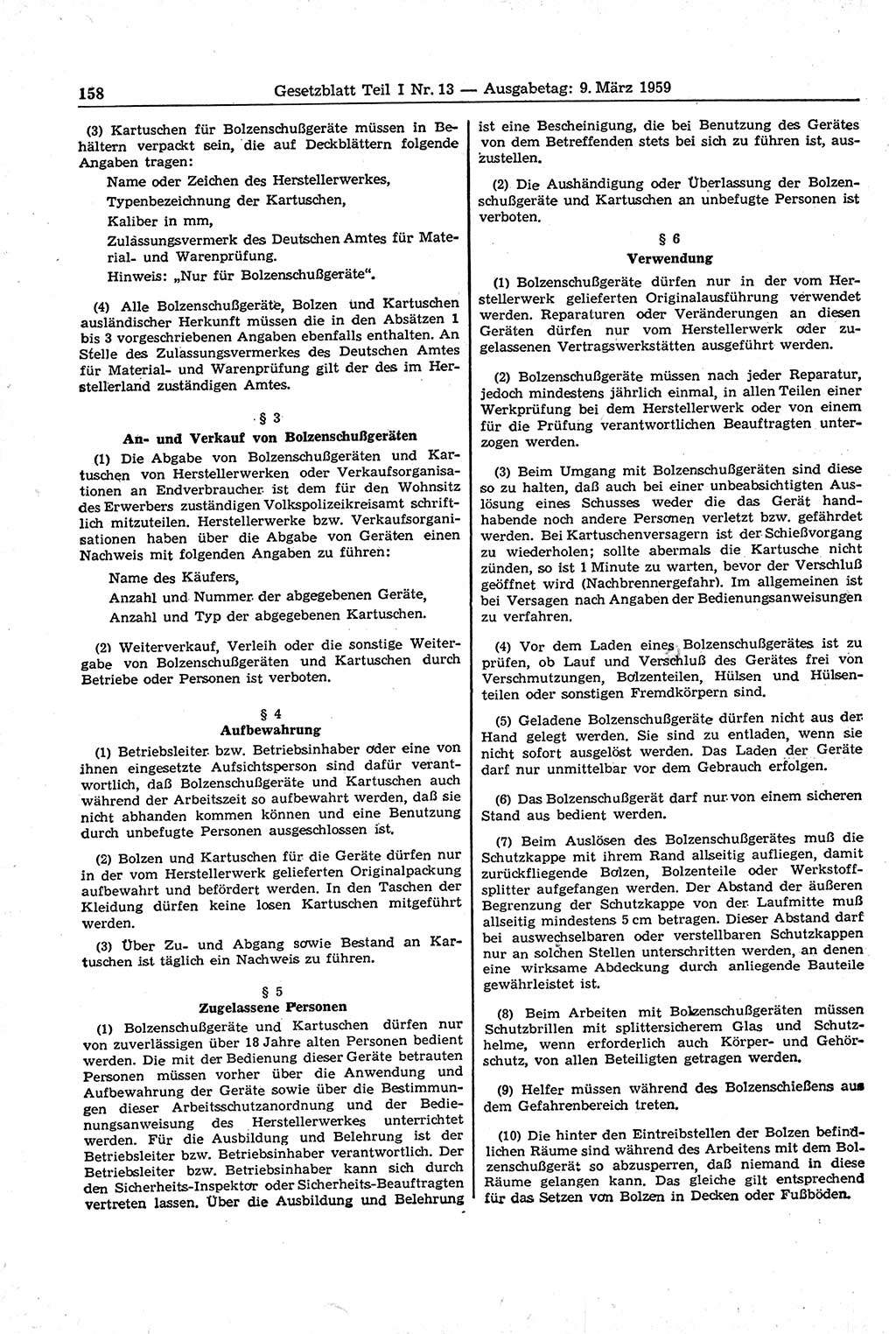 Gesetzblatt (GBl.) der Deutschen Demokratischen Republik (DDR) Teil Ⅰ 1959, Seite 158 (GBl. DDR Ⅰ 1959, S. 158)