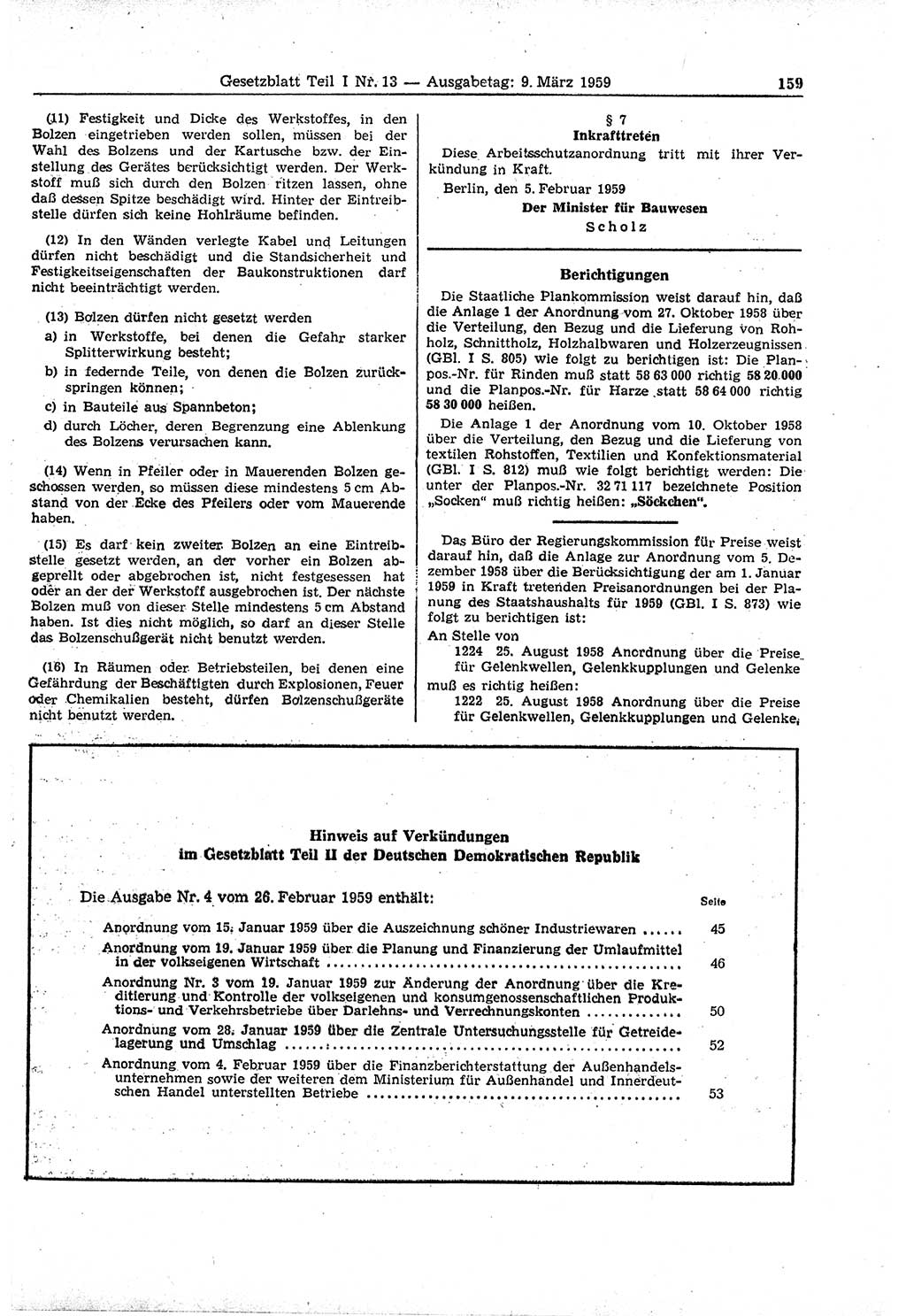 Gesetzblatt (GBl.) der Deutschen Demokratischen Republik (DDR) Teil Ⅰ 1959, Seite 159 (GBl. DDR Ⅰ 1959, S. 159)