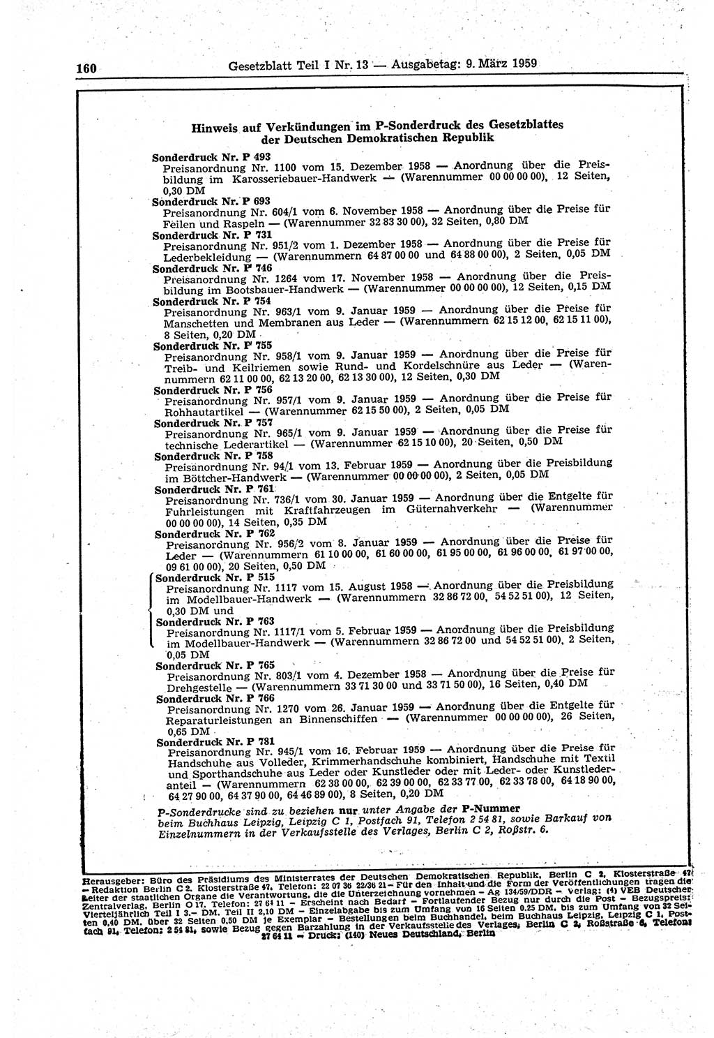 Gesetzblatt (GBl.) der Deutschen Demokratischen Republik (DDR) Teil Ⅰ 1959, Seite 160 (GBl. DDR Ⅰ 1959, S. 160)