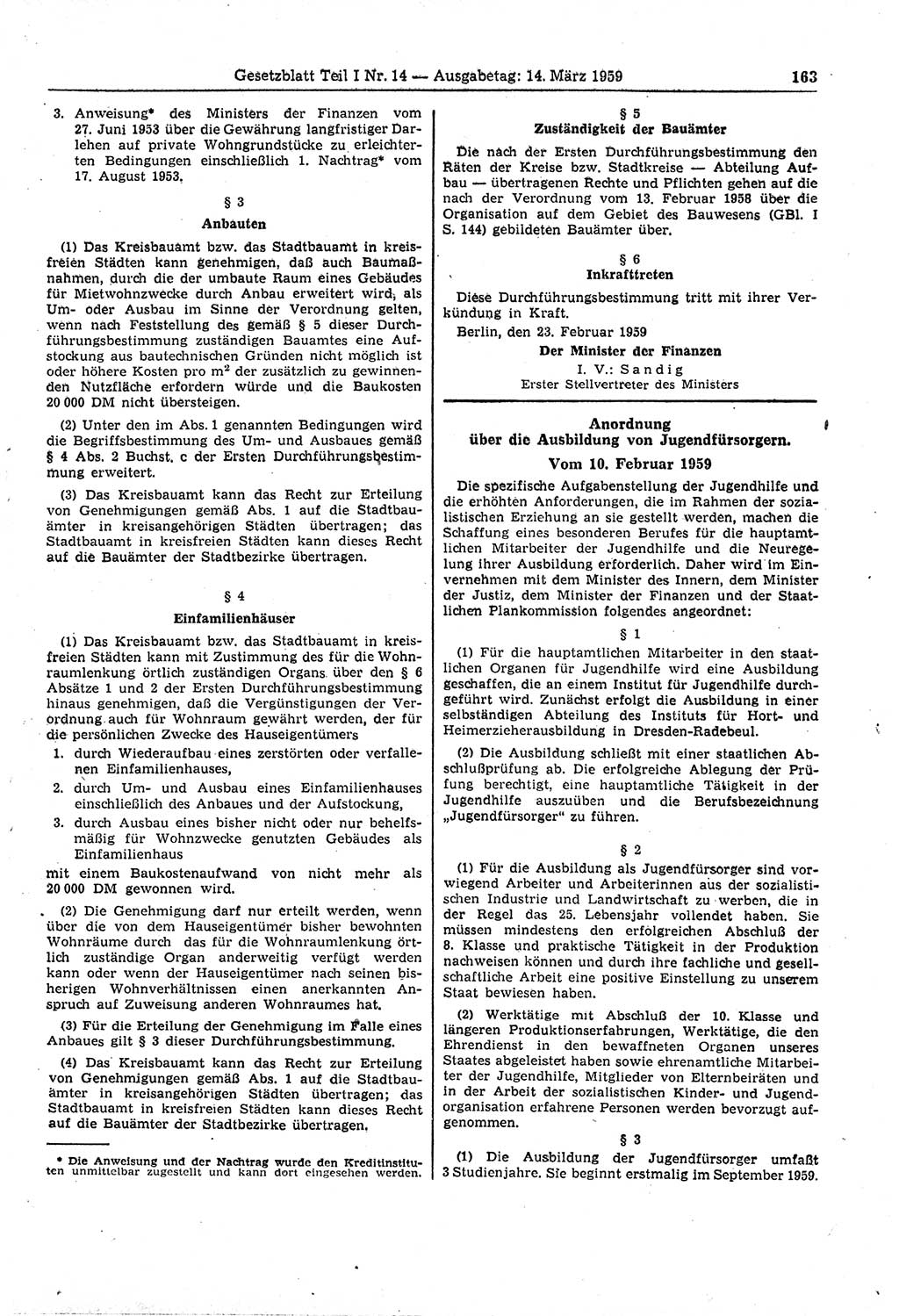 Gesetzblatt (GBl.) der Deutschen Demokratischen Republik (DDR) Teil Ⅰ 1959, Seite 163 (GBl. DDR Ⅰ 1959, S. 163)
