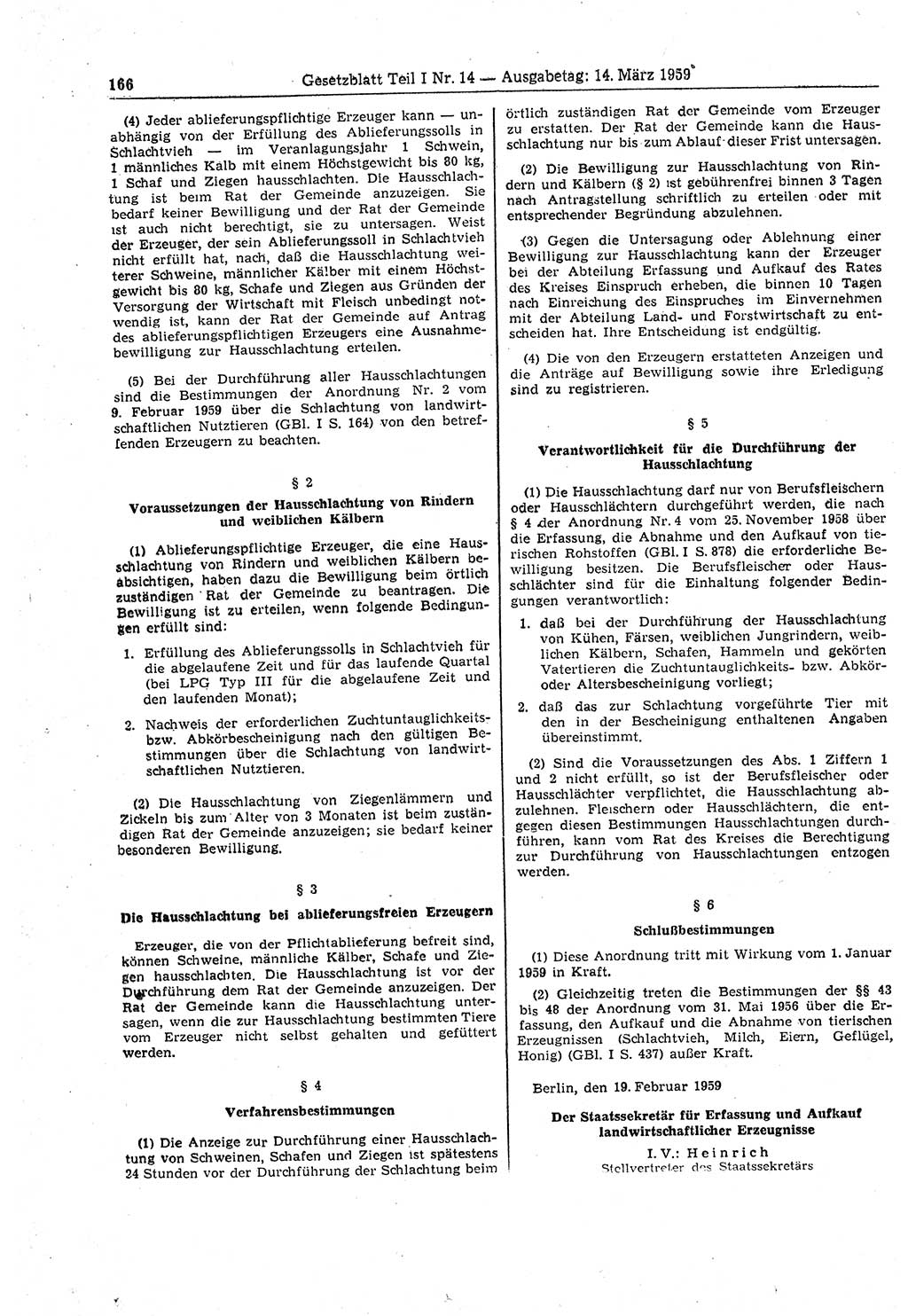 Gesetzblatt (GBl.) der Deutschen Demokratischen Republik (DDR) Teil Ⅰ 1959, Seite 166 (GBl. DDR Ⅰ 1959, S. 166)