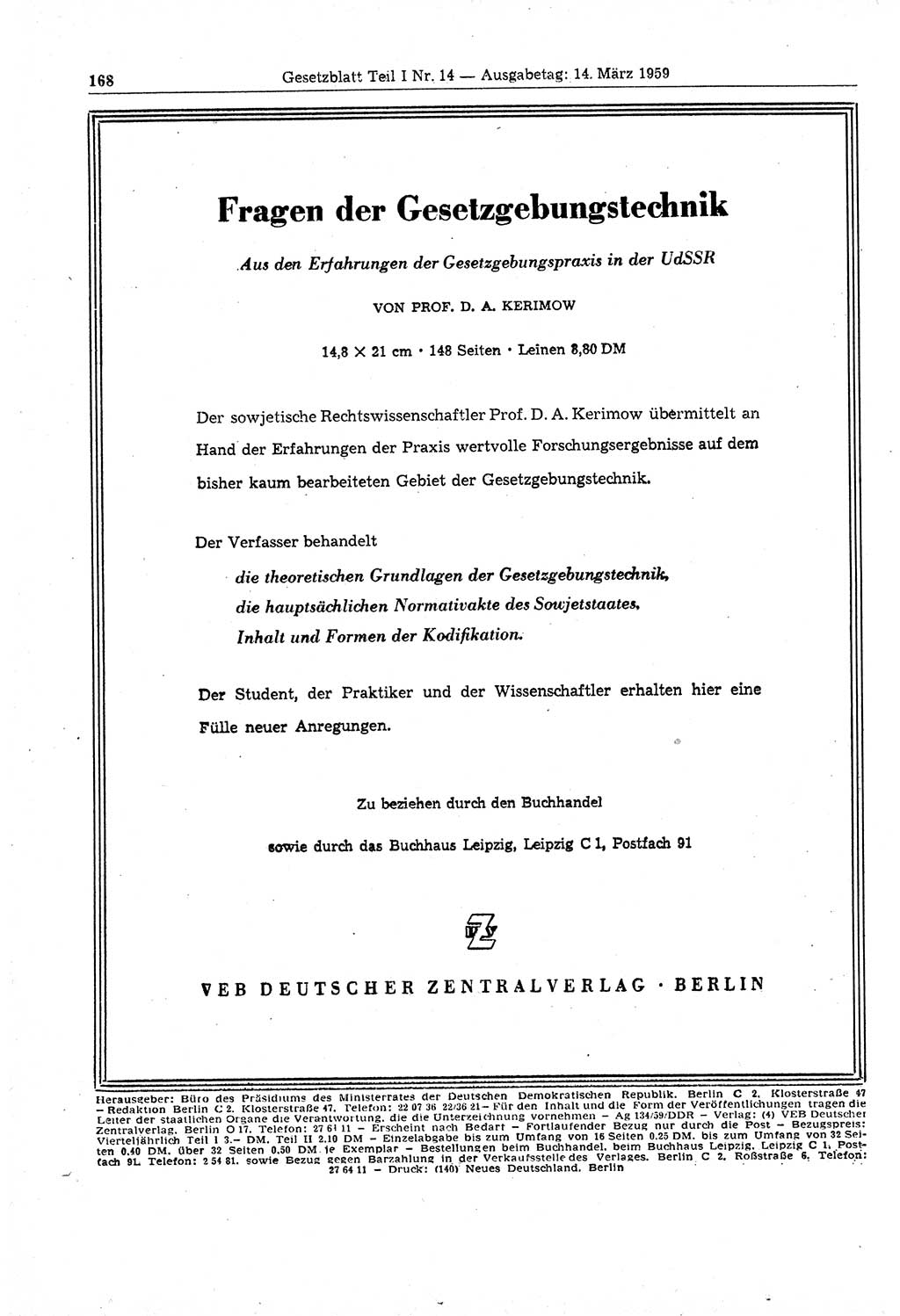 Gesetzblatt (GBl.) der Deutschen Demokratischen Republik (DDR) Teil Ⅰ 1959, Seite 168 (GBl. DDR Ⅰ 1959, S. 168)