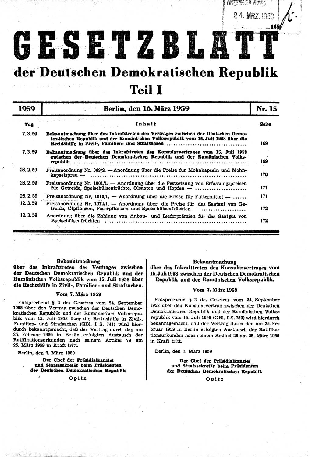 Gesetzblatt (GBl.) der Deutschen Demokratischen Republik (DDR) Teil Ⅰ 1959, Seite 169 (GBl. DDR Ⅰ 1959, S. 169)