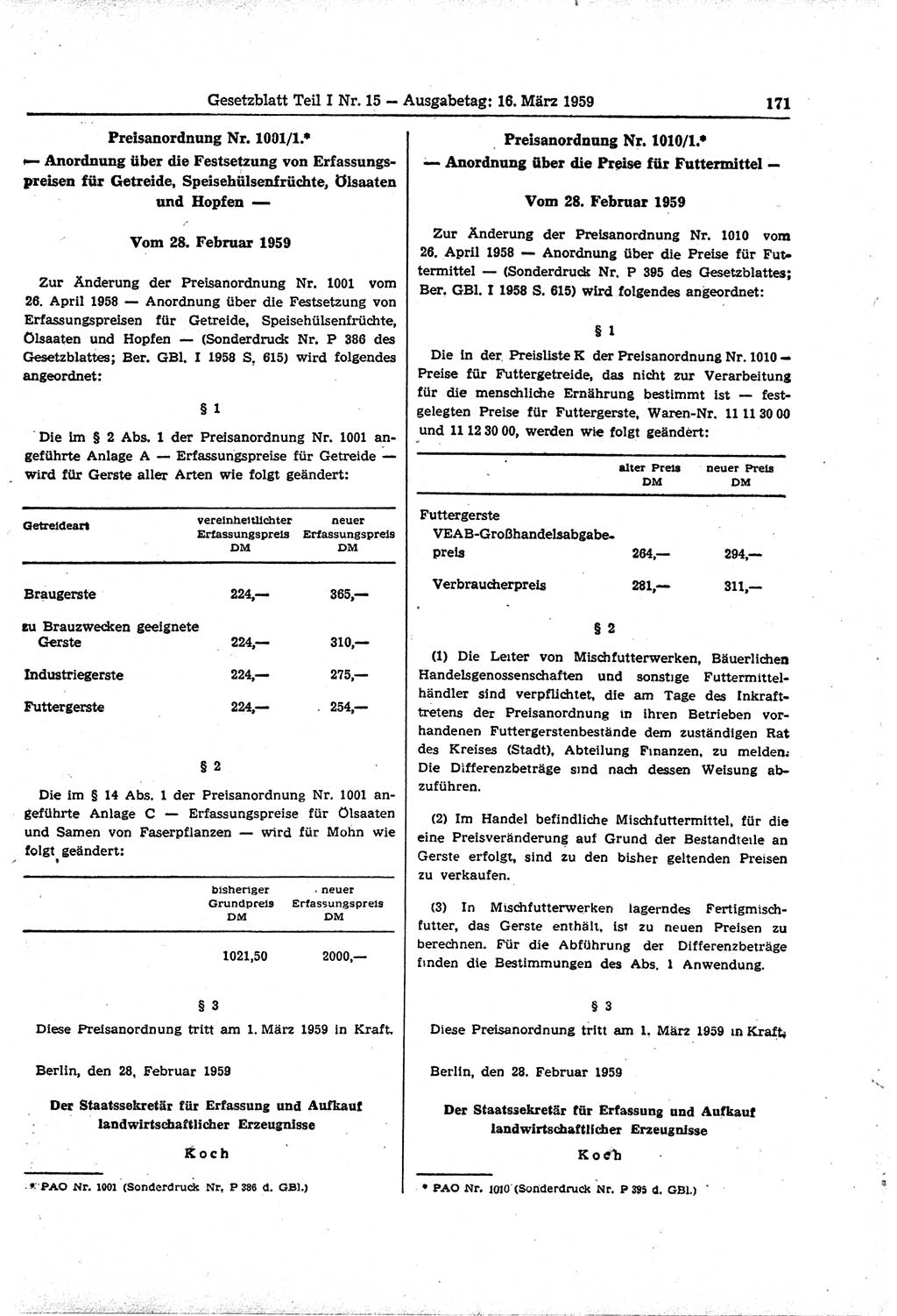 Gesetzblatt (GBl.) der Deutschen Demokratischen Republik (DDR) Teil Ⅰ 1959, Seite 171 (GBl. DDR Ⅰ 1959, S. 171)