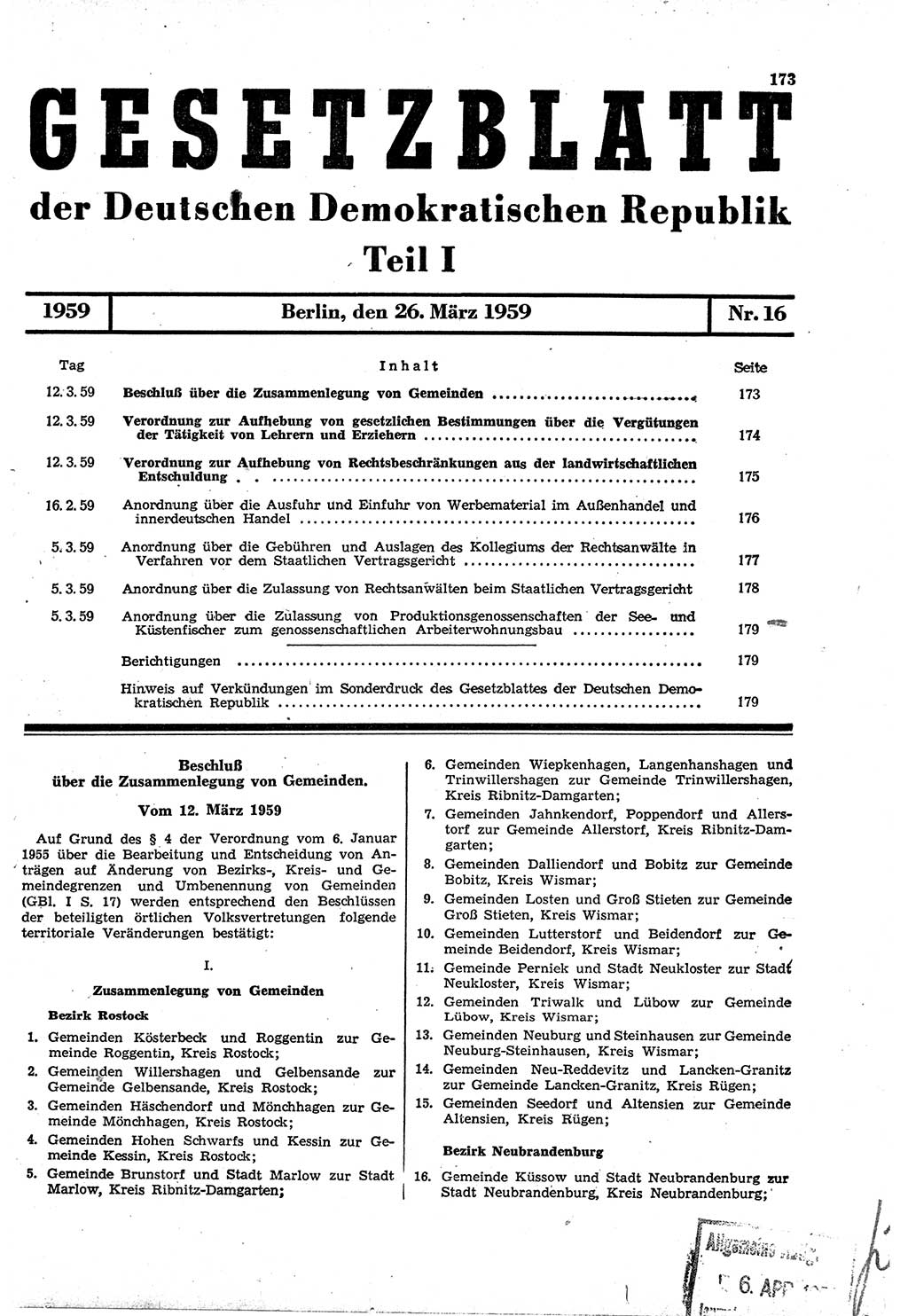 Gesetzblatt (GBl.) der Deutschen Demokratischen Republik (DDR) Teil Ⅰ 1959, Seite 173 (GBl. DDR Ⅰ 1959, S. 173)
