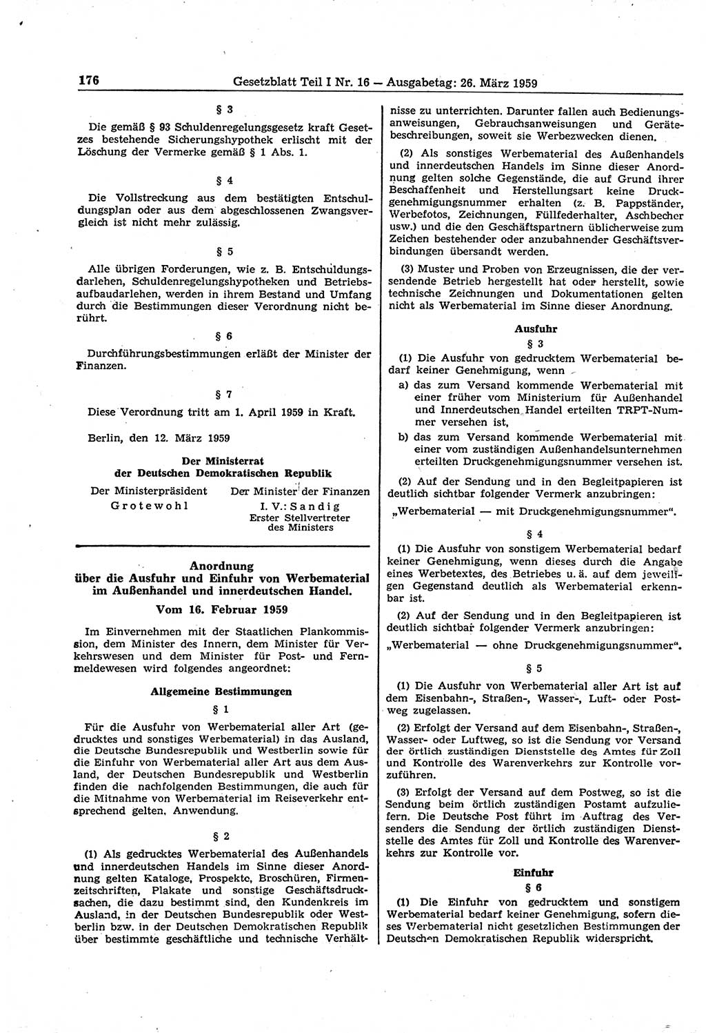 Gesetzblatt (GBl.) der Deutschen Demokratischen Republik (DDR) Teil Ⅰ 1959, Seite 176 (GBl. DDR Ⅰ 1959, S. 176)