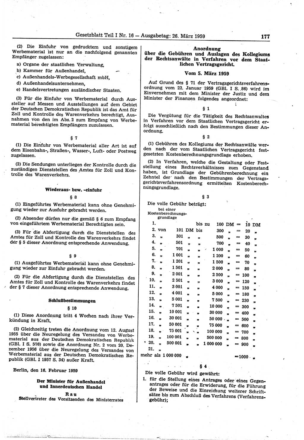 Gesetzblatt (GBl.) der Deutschen Demokratischen Republik (DDR) Teil Ⅰ 1959, Seite 177 (GBl. DDR Ⅰ 1959, S. 177)