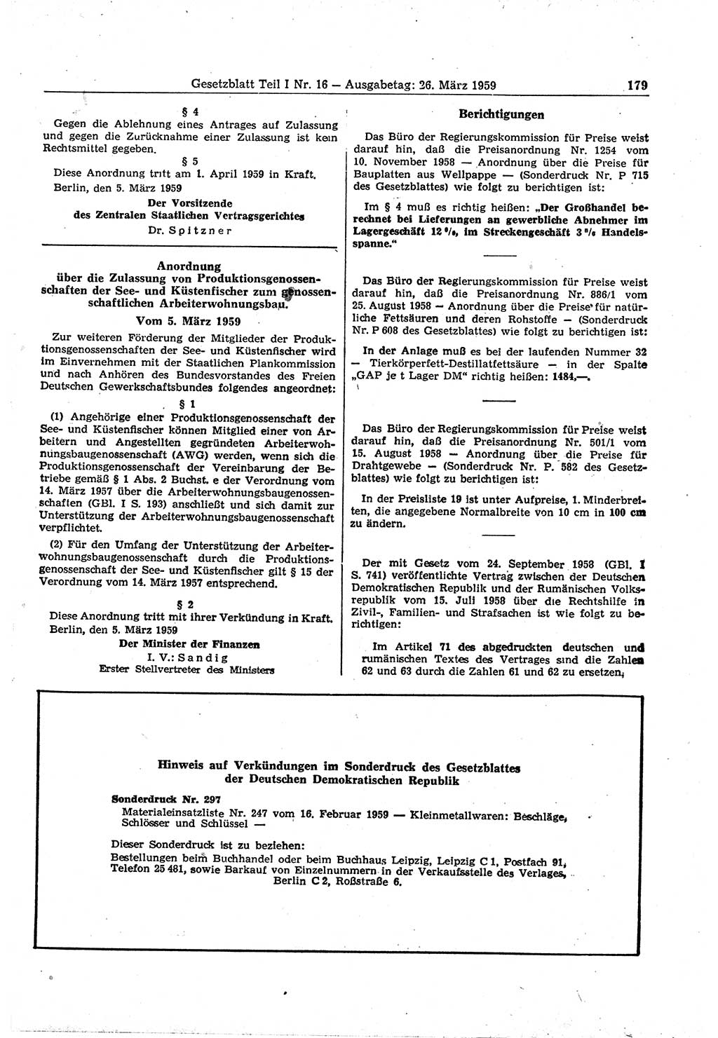 Gesetzblatt (GBl.) der Deutschen Demokratischen Republik (DDR) Teil â… 1959, Seite 179 (GBl. DDR â… 1959, S. 179)
