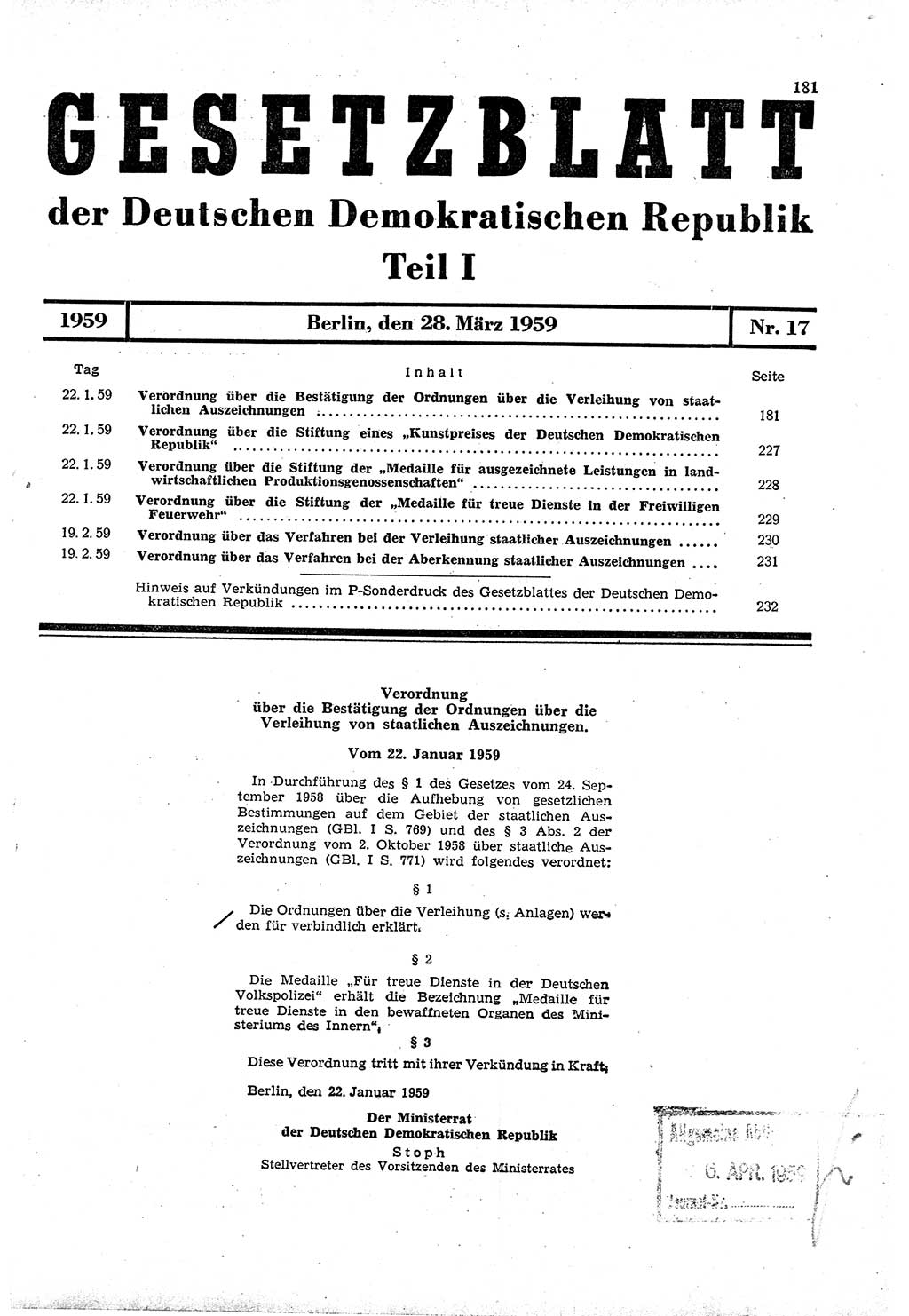 Gesetzblatt (GBl.) der Deutschen Demokratischen Republik (DDR) Teil â… 1959, Seite 181 (GBl. DDR â… 1959, S. 181)