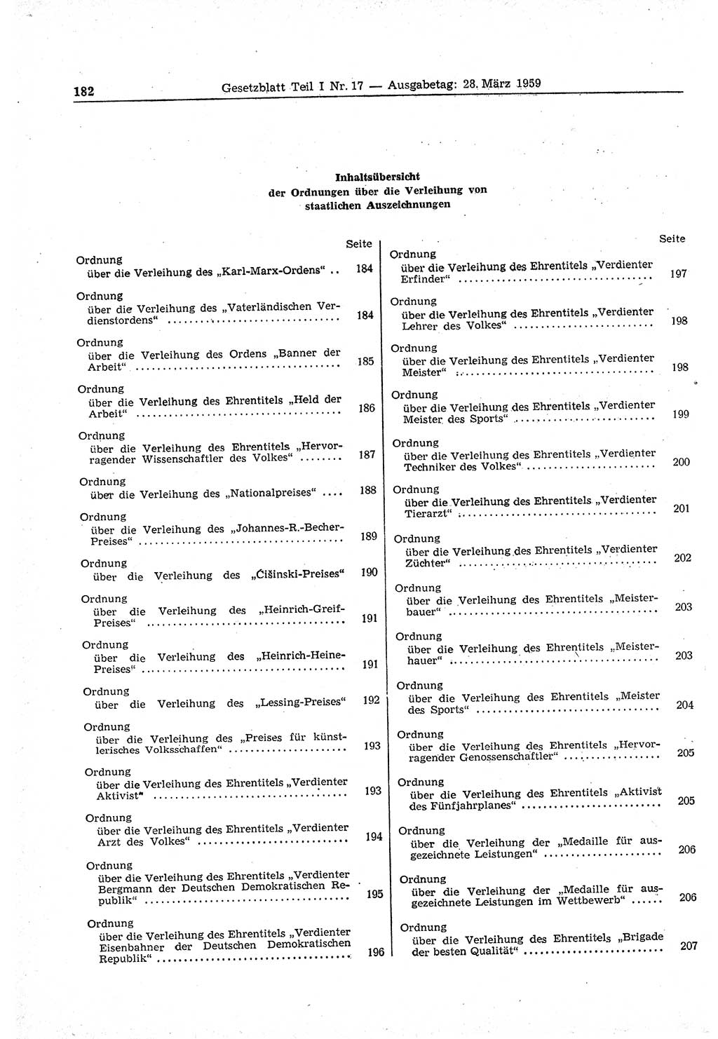 Gesetzblatt (GBl.) der Deutschen Demokratischen Republik (DDR) Teil â… 1959, Seite 182 (GBl. DDR â… 1959, S. 182)
