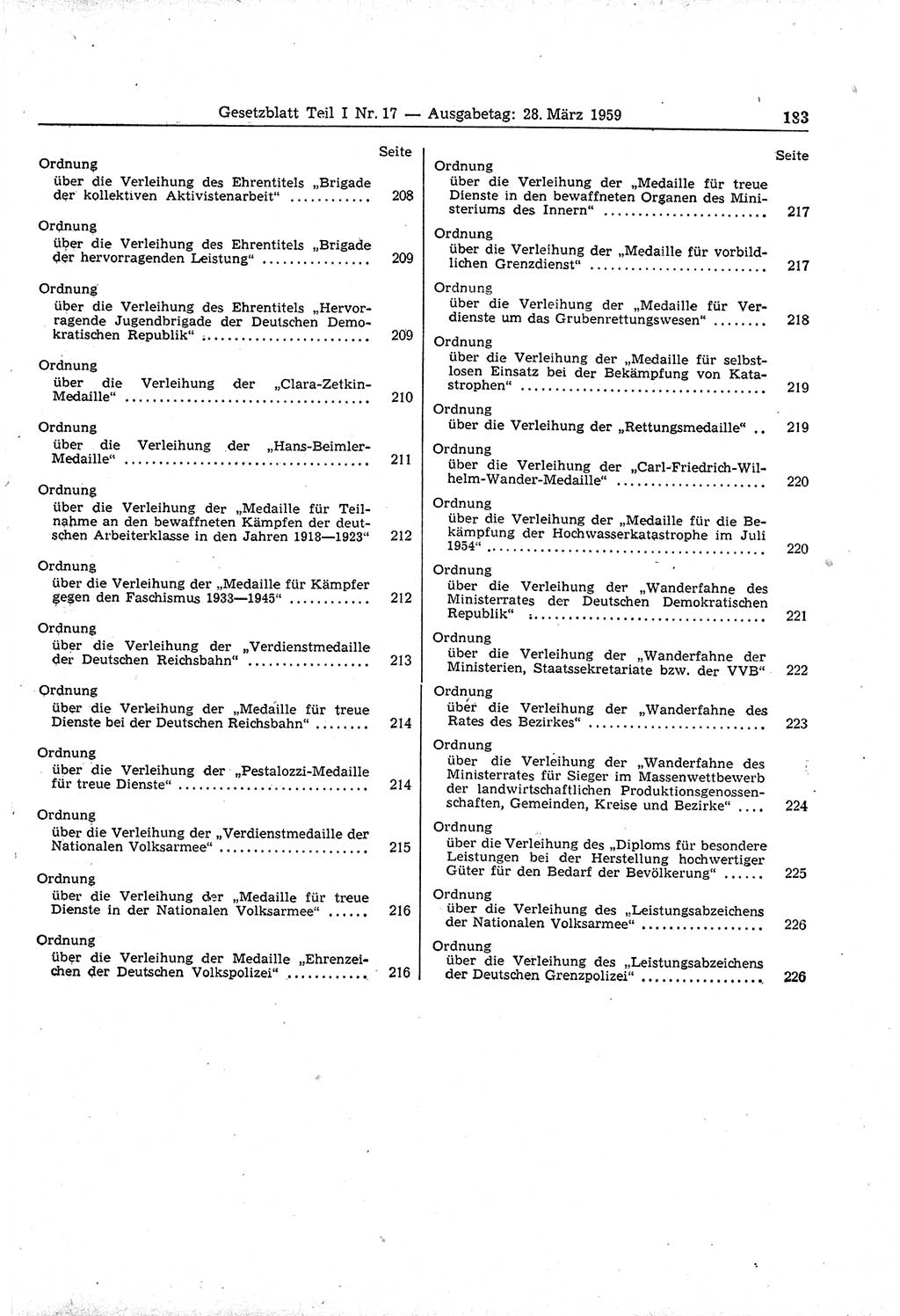 Gesetzblatt (GBl.) der Deutschen Demokratischen Republik (DDR) Teil Ⅰ 1959, Seite 183 (GBl. DDR Ⅰ 1959, S. 183)