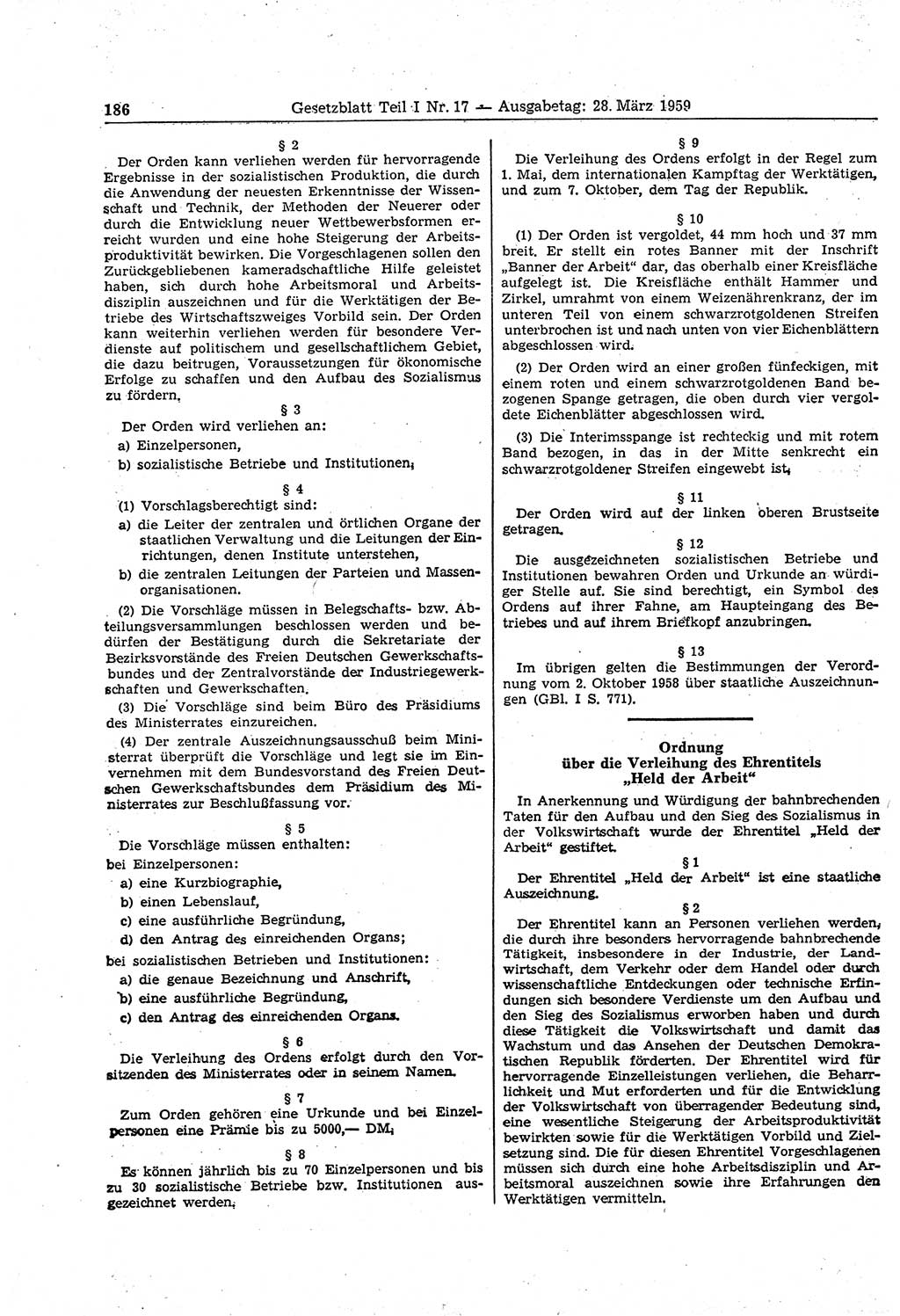 Gesetzblatt (GBl.) der Deutschen Demokratischen Republik (DDR) Teil Ⅰ 1959, Seite 186 (GBl. DDR Ⅰ 1959, S. 186)
