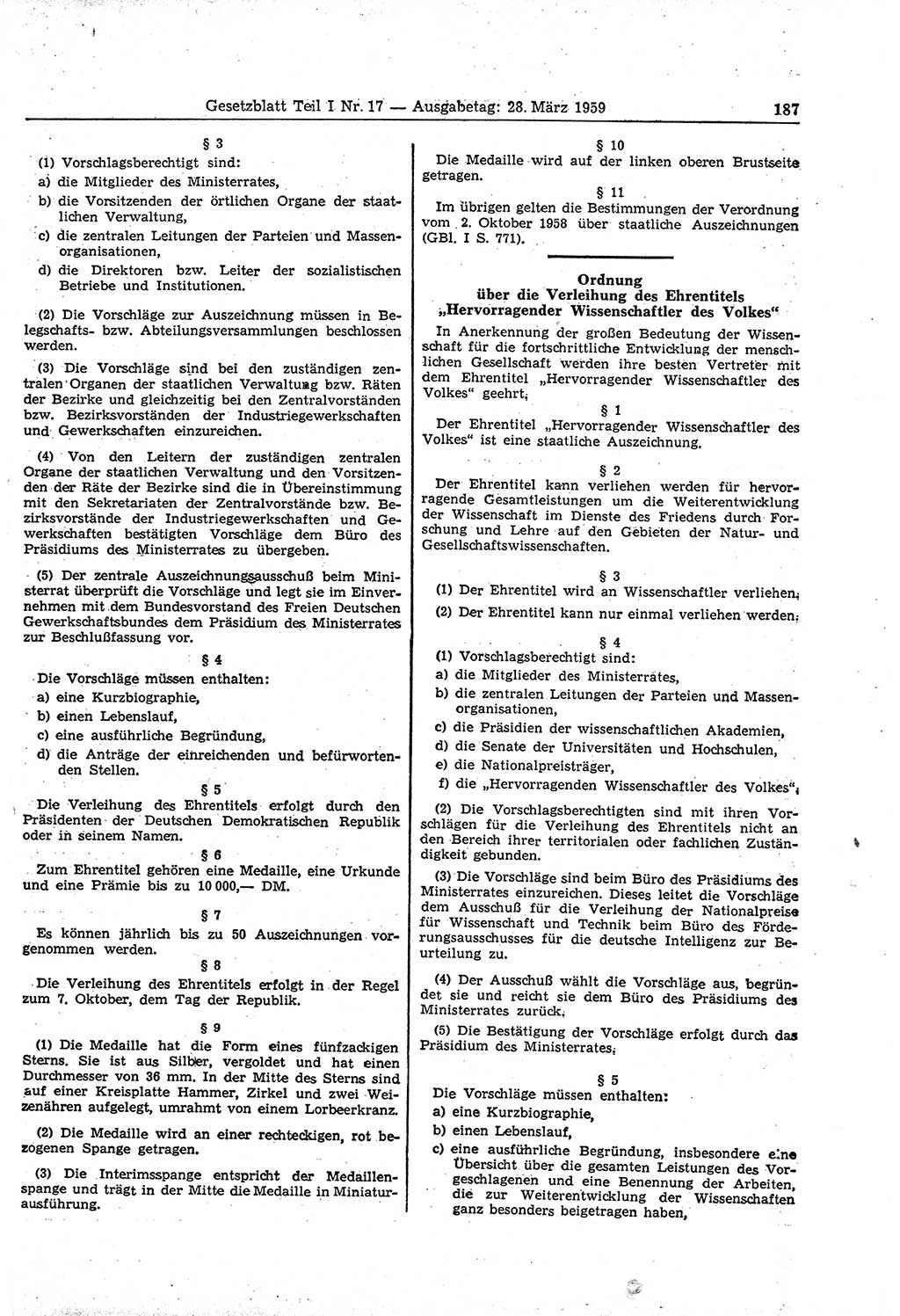 Gesetzblatt (GBl.) der Deutschen Demokratischen Republik (DDR) Teil Ⅰ 1959, Seite 187 (GBl. DDR Ⅰ 1959, S. 187)