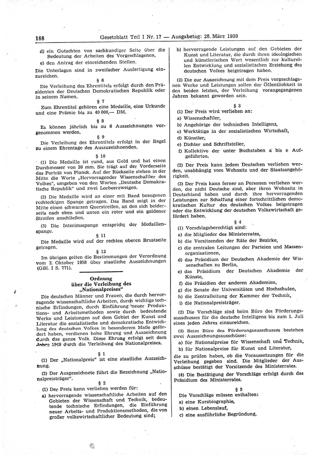 Gesetzblatt (GBl.) der Deutschen Demokratischen Republik (DDR) Teil Ⅰ 1959, Seite 188 (GBl. DDR Ⅰ 1959, S. 188)
