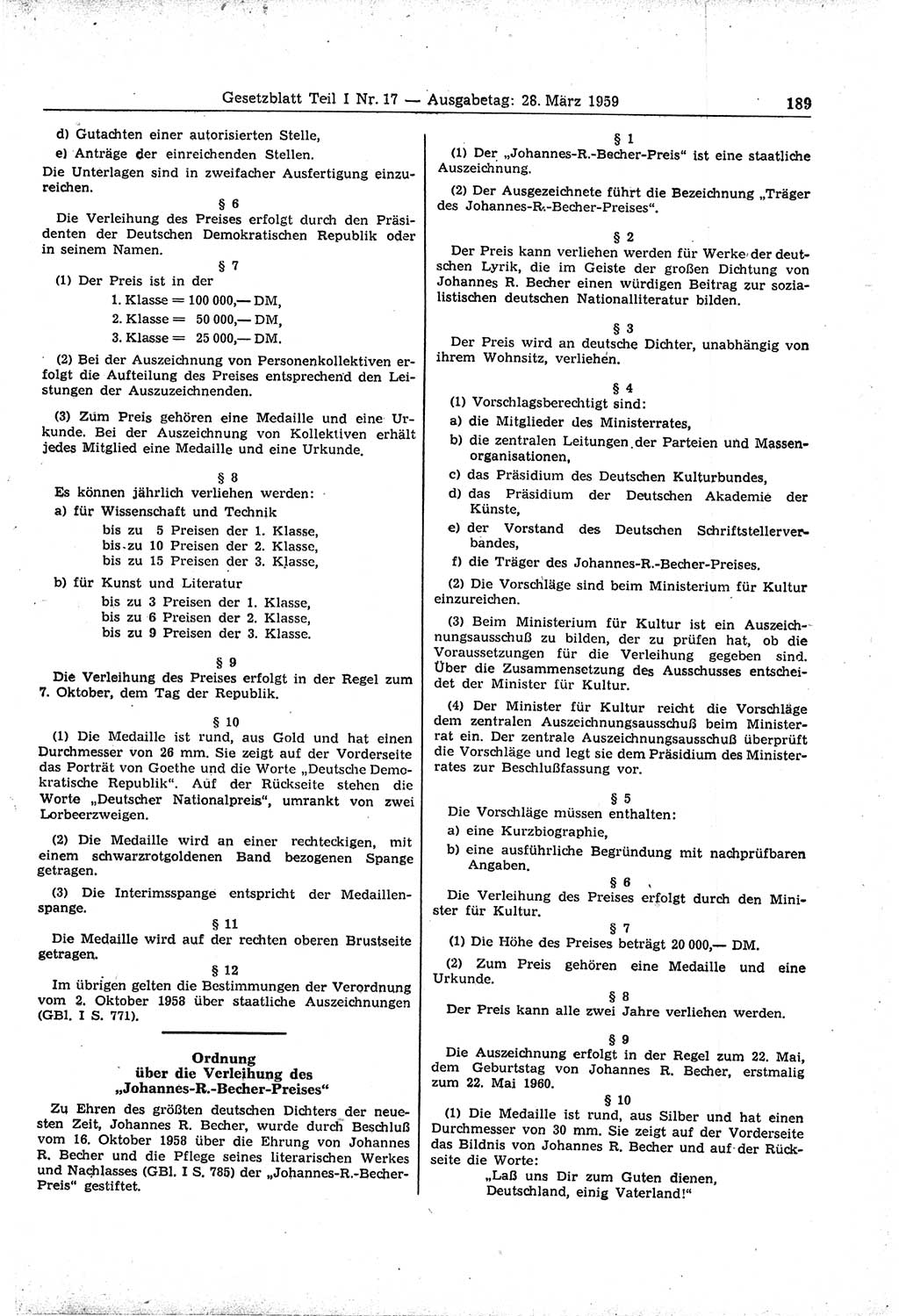 Gesetzblatt (GBl.) der Deutschen Demokratischen Republik (DDR) Teil Ⅰ 1959, Seite 189 (GBl. DDR Ⅰ 1959, S. 189)