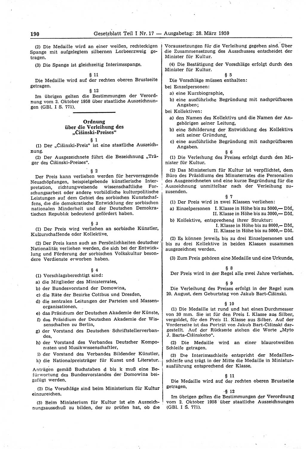 Gesetzblatt (GBl.) der Deutschen Demokratischen Republik (DDR) Teil Ⅰ 1959, Seite 190 (GBl. DDR Ⅰ 1959, S. 190)