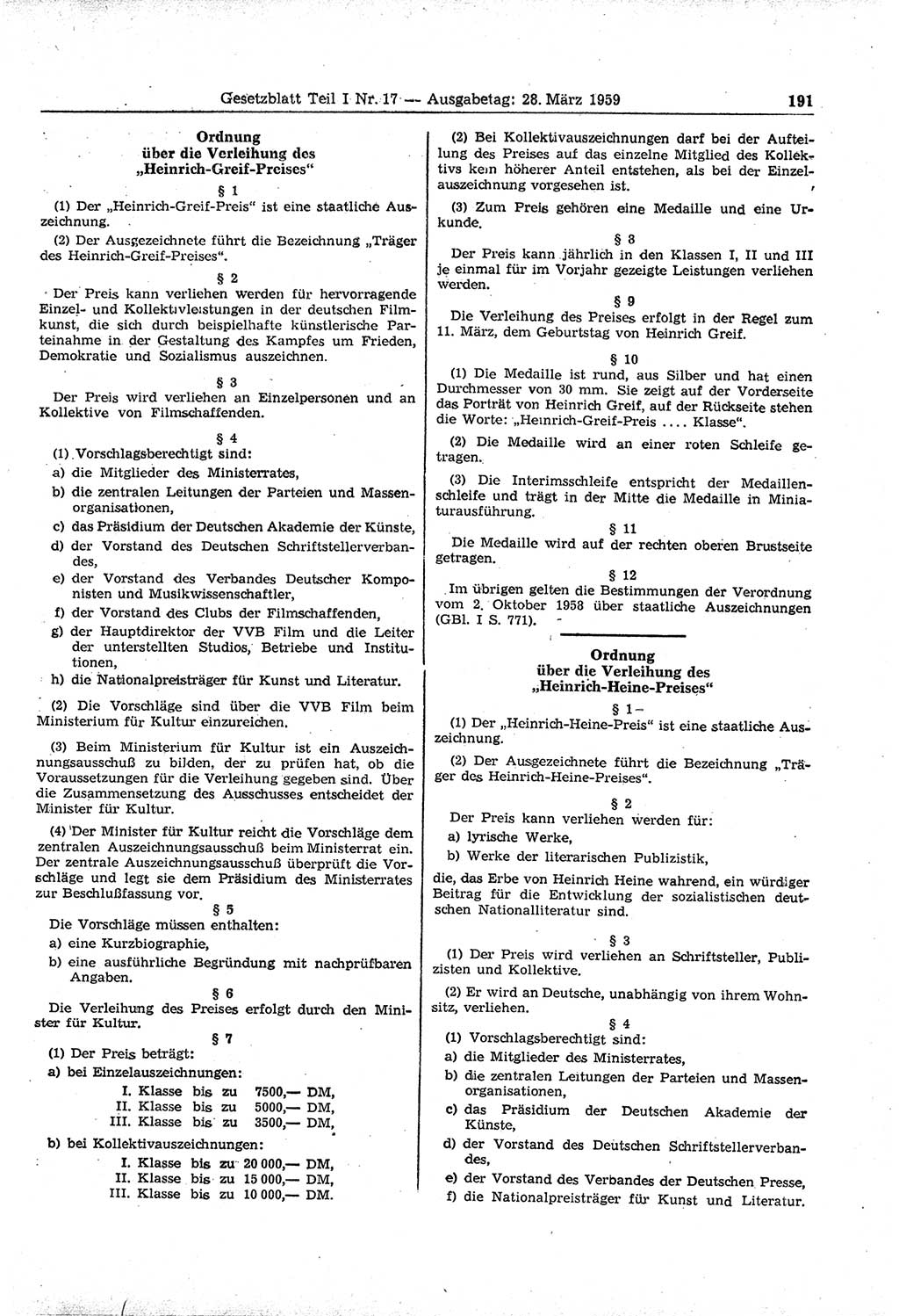 Gesetzblatt (GBl.) der Deutschen Demokratischen Republik (DDR) Teil Ⅰ 1959, Seite 191 (GBl. DDR Ⅰ 1959, S. 191)