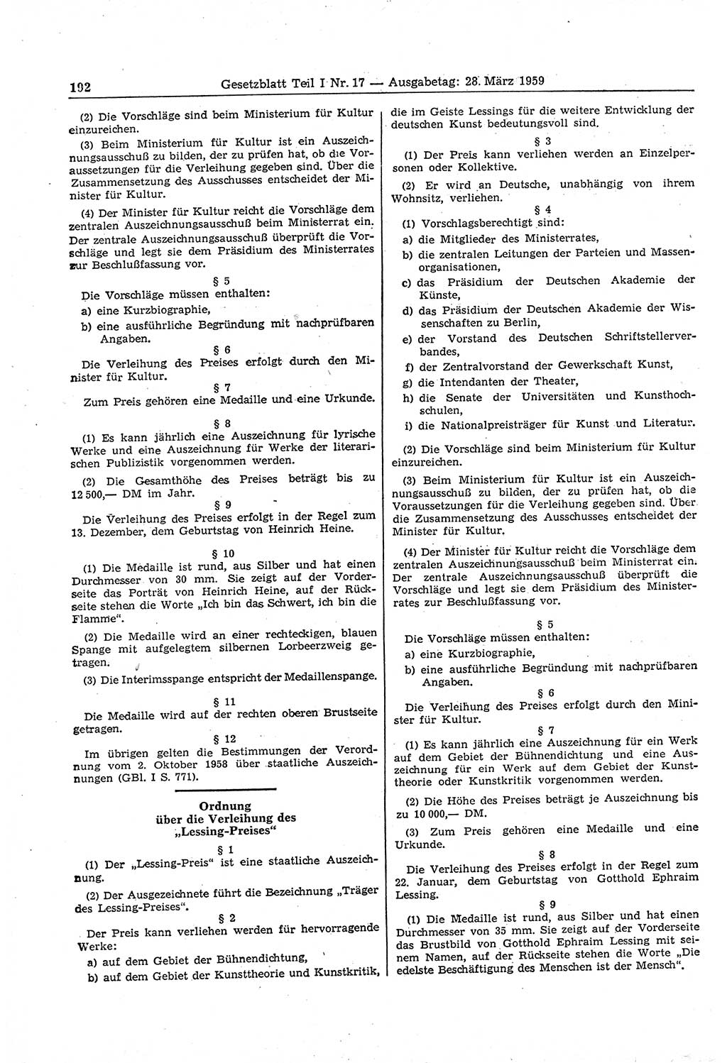 Gesetzblatt (GBl.) der Deutschen Demokratischen Republik (DDR) Teil Ⅰ 1959, Seite 192 (GBl. DDR Ⅰ 1959, S. 192)
