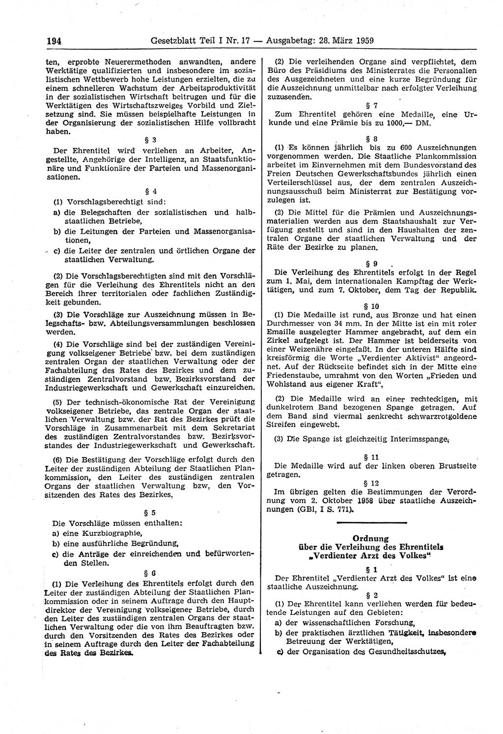 Gesetzblatt (GBl.) der Deutschen Demokratischen Republik (DDR) Teil Ⅰ 1959, Seite 194 (GBl. DDR Ⅰ 1959, S. 194)