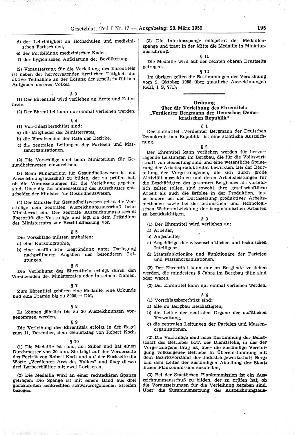 Gesetzblatt (GBl.) der Deutschen Demokratischen Republik (DDR) Teil Ⅰ 1959, Seite 195 (GBl. DDR Ⅰ 1959, S. 195)