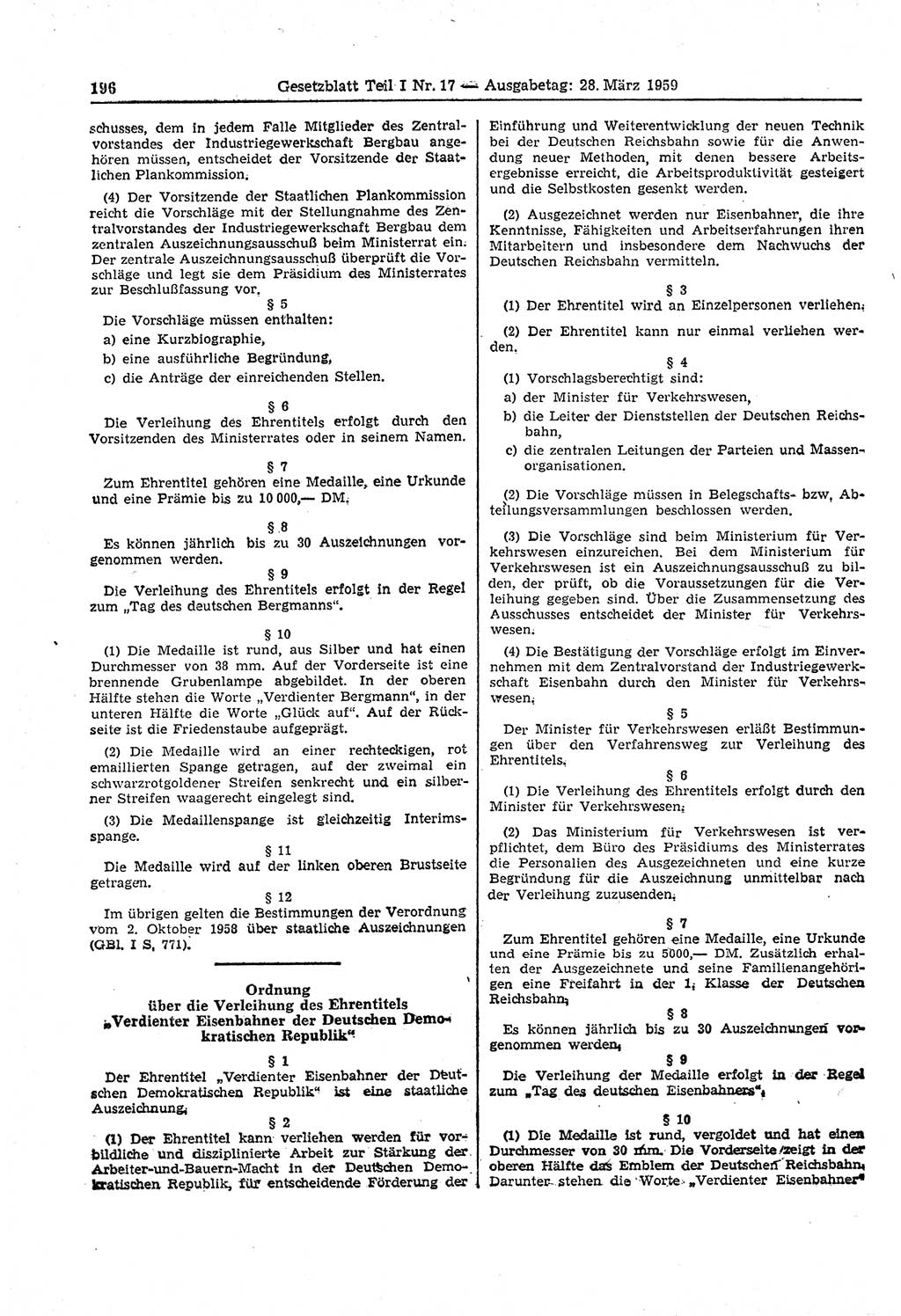 Gesetzblatt (GBl.) der Deutschen Demokratischen Republik (DDR) Teil Ⅰ 1959, Seite 196 (GBl. DDR Ⅰ 1959, S. 196)