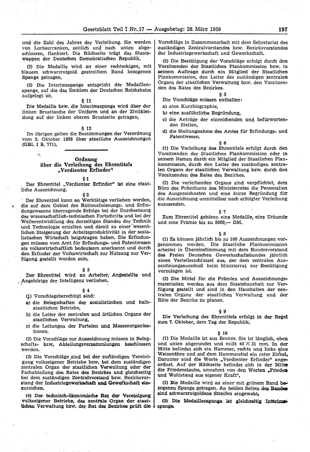 Gesetzblatt (GBl.) der Deutschen Demokratischen Republik (DDR) Teil Ⅰ 1959, Seite 197 (GBl. DDR Ⅰ 1959, S. 197)