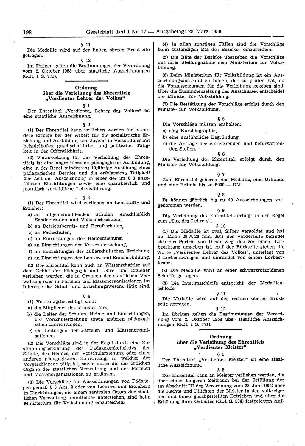 Gesetzblatt (GBl.) der Deutschen Demokratischen Republik (DDR) Teil Ⅰ 1959, Seite 198 (GBl. DDR Ⅰ 1959, S. 198)