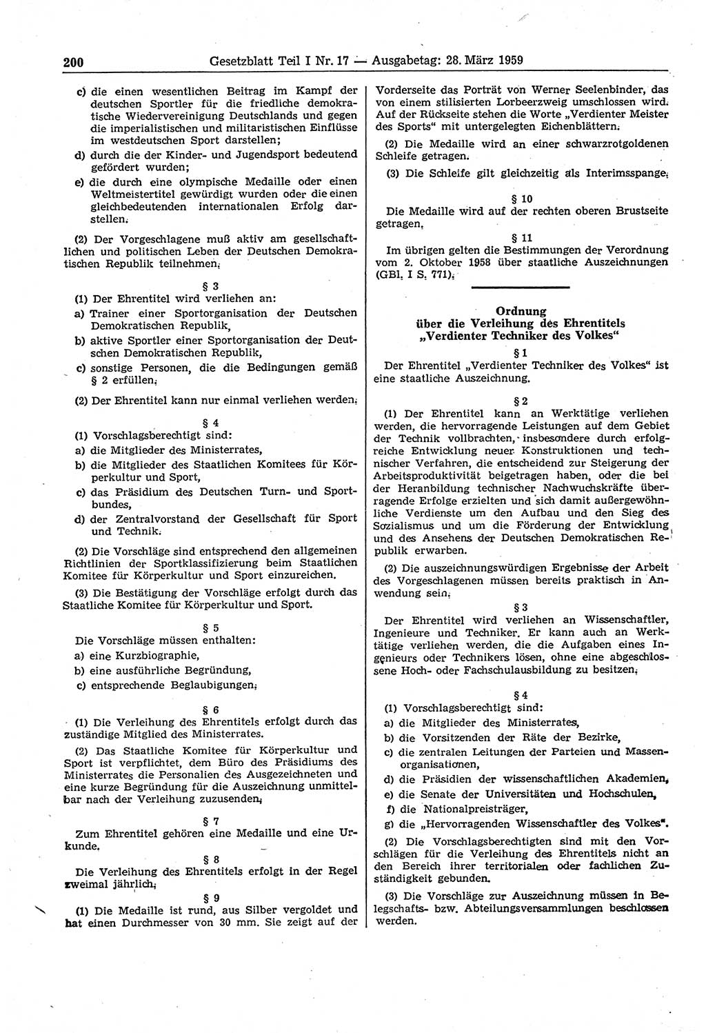 Gesetzblatt (GBl.) der Deutschen Demokratischen Republik (DDR) Teil Ⅰ 1959, Seite 200 (GBl. DDR Ⅰ 1959, S. 200)