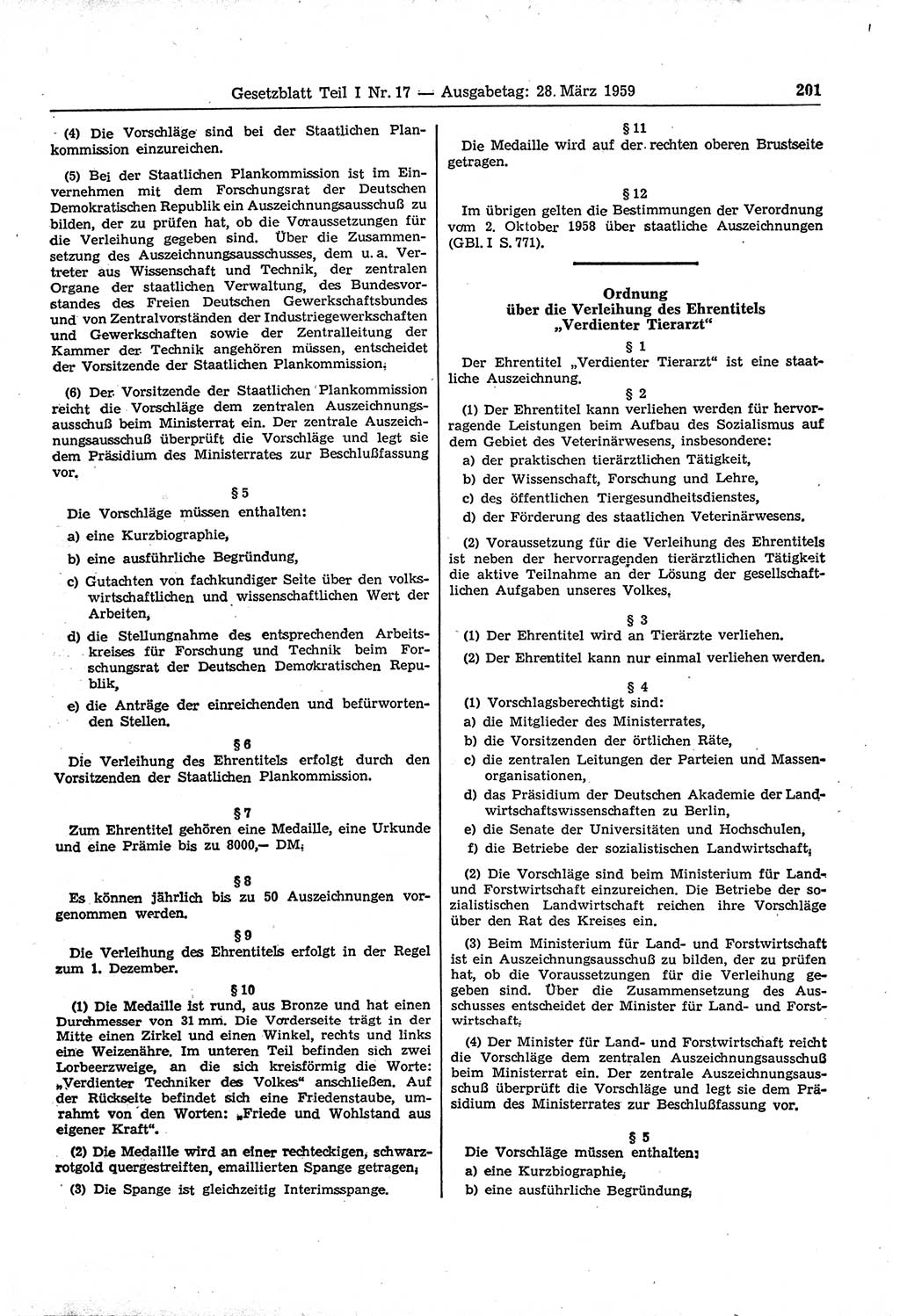 Gesetzblatt (GBl.) der Deutschen Demokratischen Republik (DDR) Teil Ⅰ 1959, Seite 201 (GBl. DDR Ⅰ 1959, S. 201)