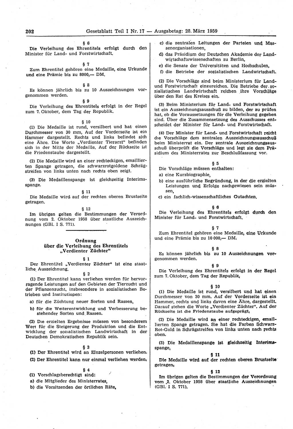 Gesetzblatt (GBl.) der Deutschen Demokratischen Republik (DDR) Teil Ⅰ 1959, Seite 202 (GBl. DDR Ⅰ 1959, S. 202)