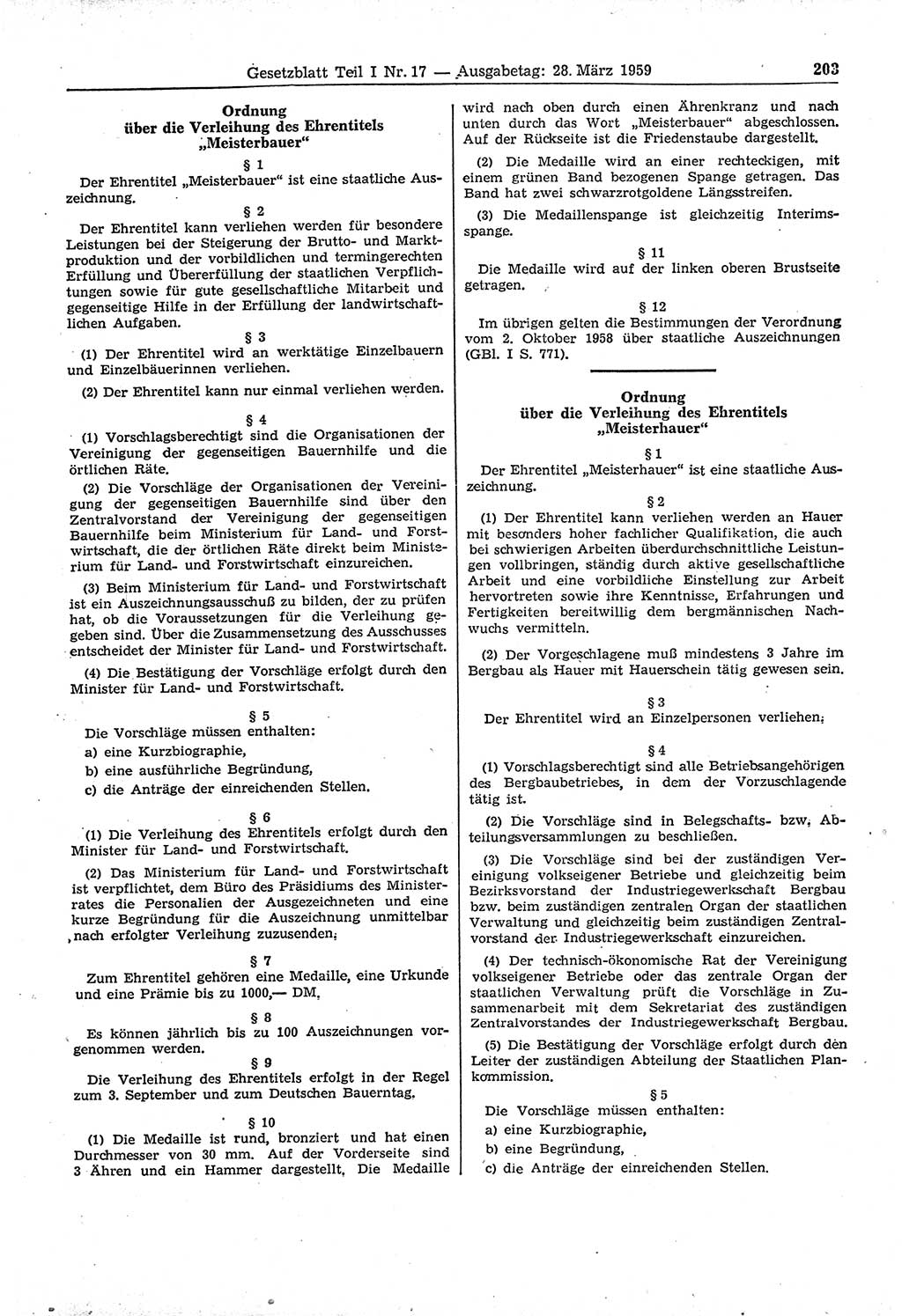 Gesetzblatt (GBl.) der Deutschen Demokratischen Republik (DDR) Teil Ⅰ 1959, Seite 203 (GBl. DDR Ⅰ 1959, S. 203)