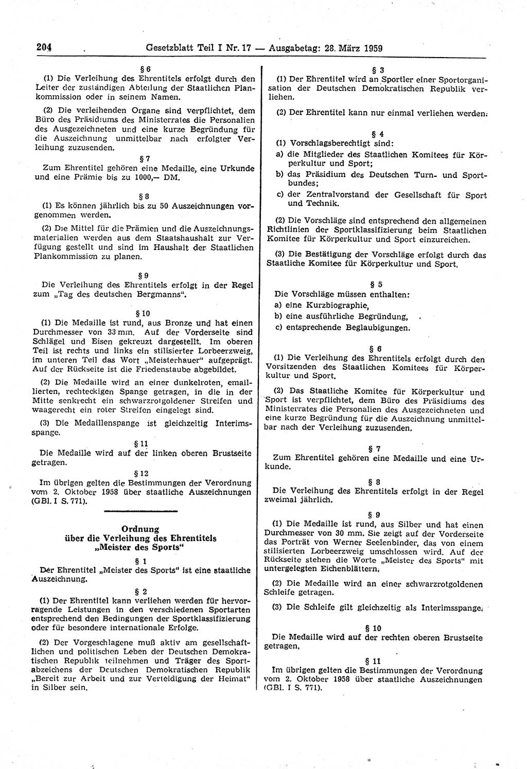 Gesetzblatt (GBl.) der Deutschen Demokratischen Republik (DDR) Teil Ⅰ 1959, Seite 204 (GBl. DDR Ⅰ 1959, S. 204)