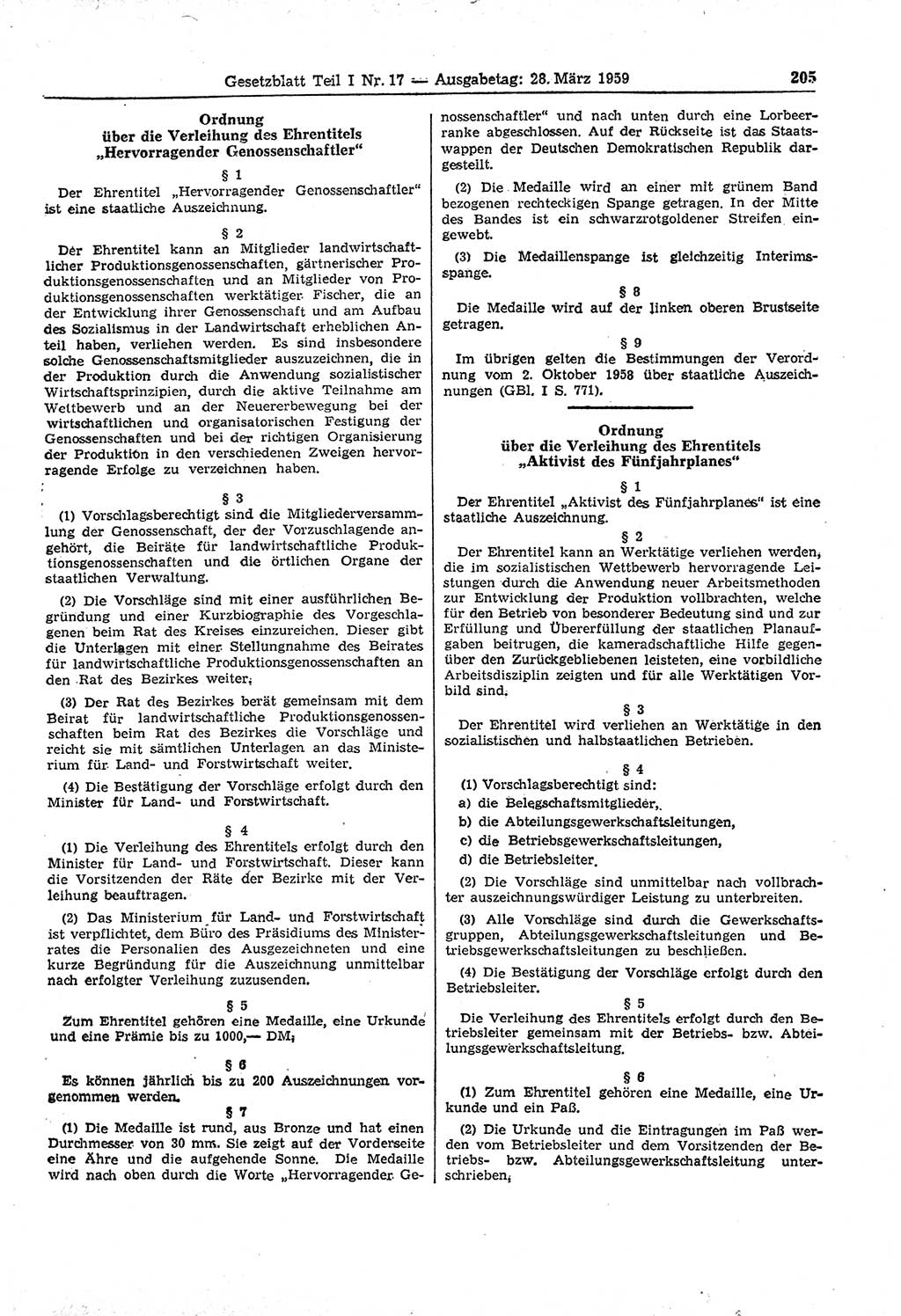Gesetzblatt (GBl.) der Deutschen Demokratischen Republik (DDR) Teil Ⅰ 1959, Seite 205 (GBl. DDR Ⅰ 1959, S. 205)