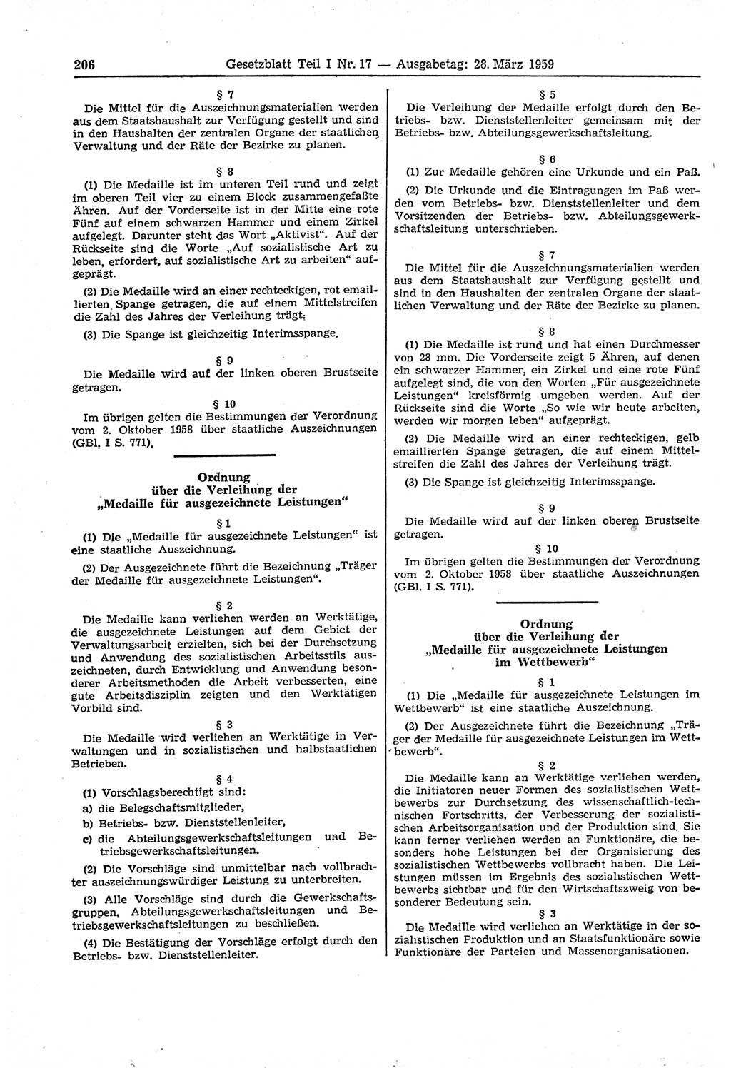 Gesetzblatt (GBl.) der Deutschen Demokratischen Republik (DDR) Teil Ⅰ 1959, Seite 206 (GBl. DDR Ⅰ 1959, S. 206)