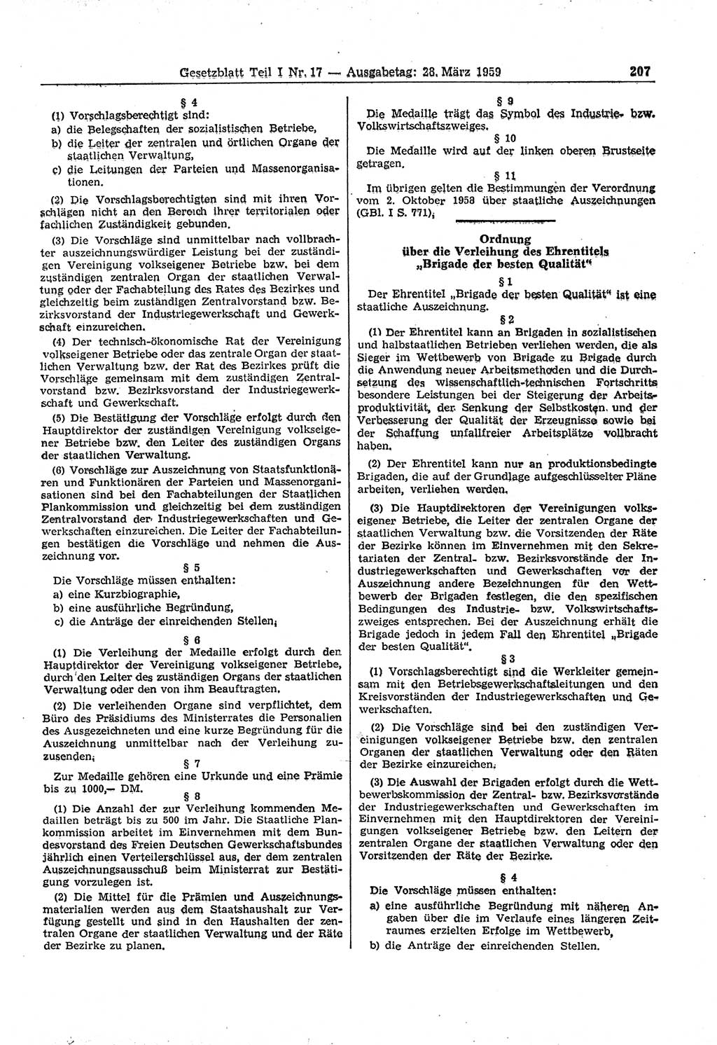 Gesetzblatt (GBl.) der Deutschen Demokratischen Republik (DDR) Teil Ⅰ 1959, Seite 207 (GBl. DDR Ⅰ 1959, S. 207)
