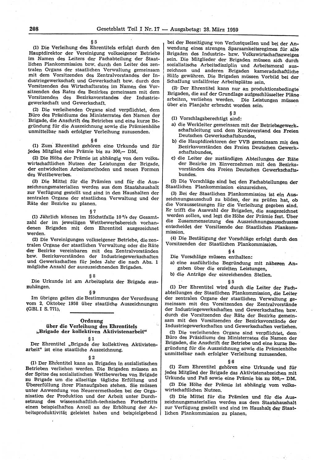 Gesetzblatt (GBl.) der Deutschen Demokratischen Republik (DDR) Teil Ⅰ 1959, Seite 208 (GBl. DDR Ⅰ 1959, S. 208)