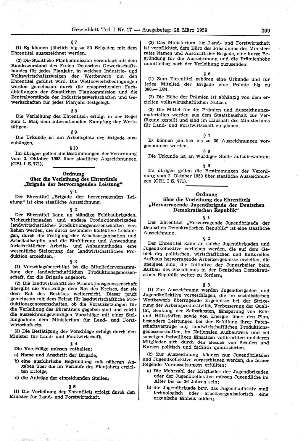 Gesetzblatt (GBl.) der Deutschen Demokratischen Republik (DDR) Teil Ⅰ 1959, Seite 209 (GBl. DDR Ⅰ 1959, S. 209)