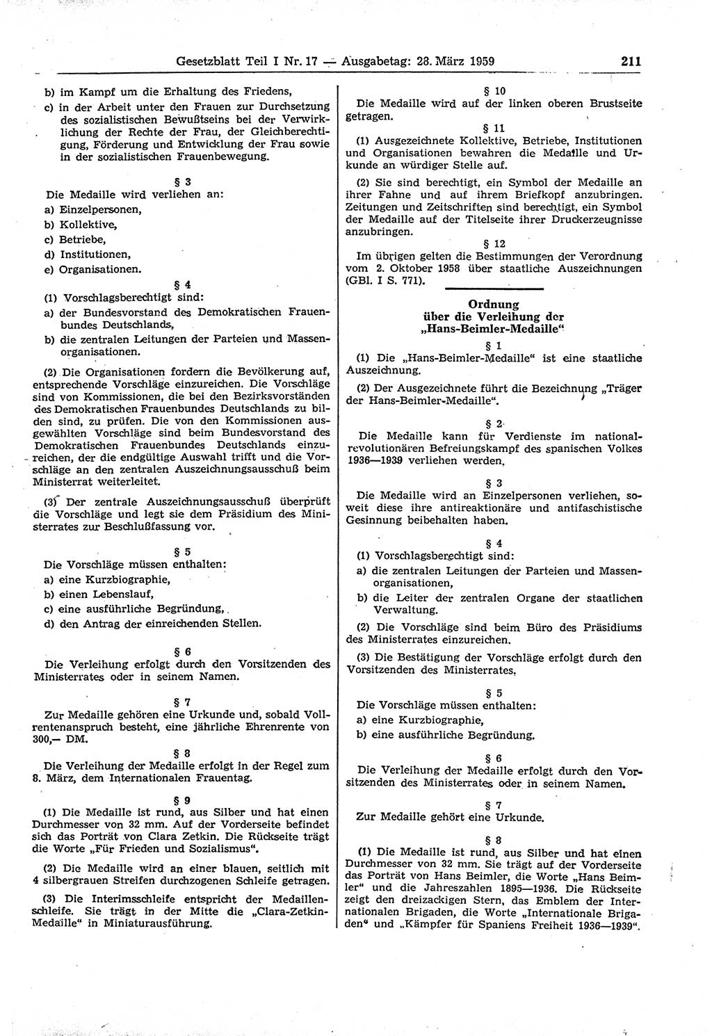 Gesetzblatt (GBl.) der Deutschen Demokratischen Republik (DDR) Teil Ⅰ 1959, Seite 211 (GBl. DDR Ⅰ 1959, S. 211)