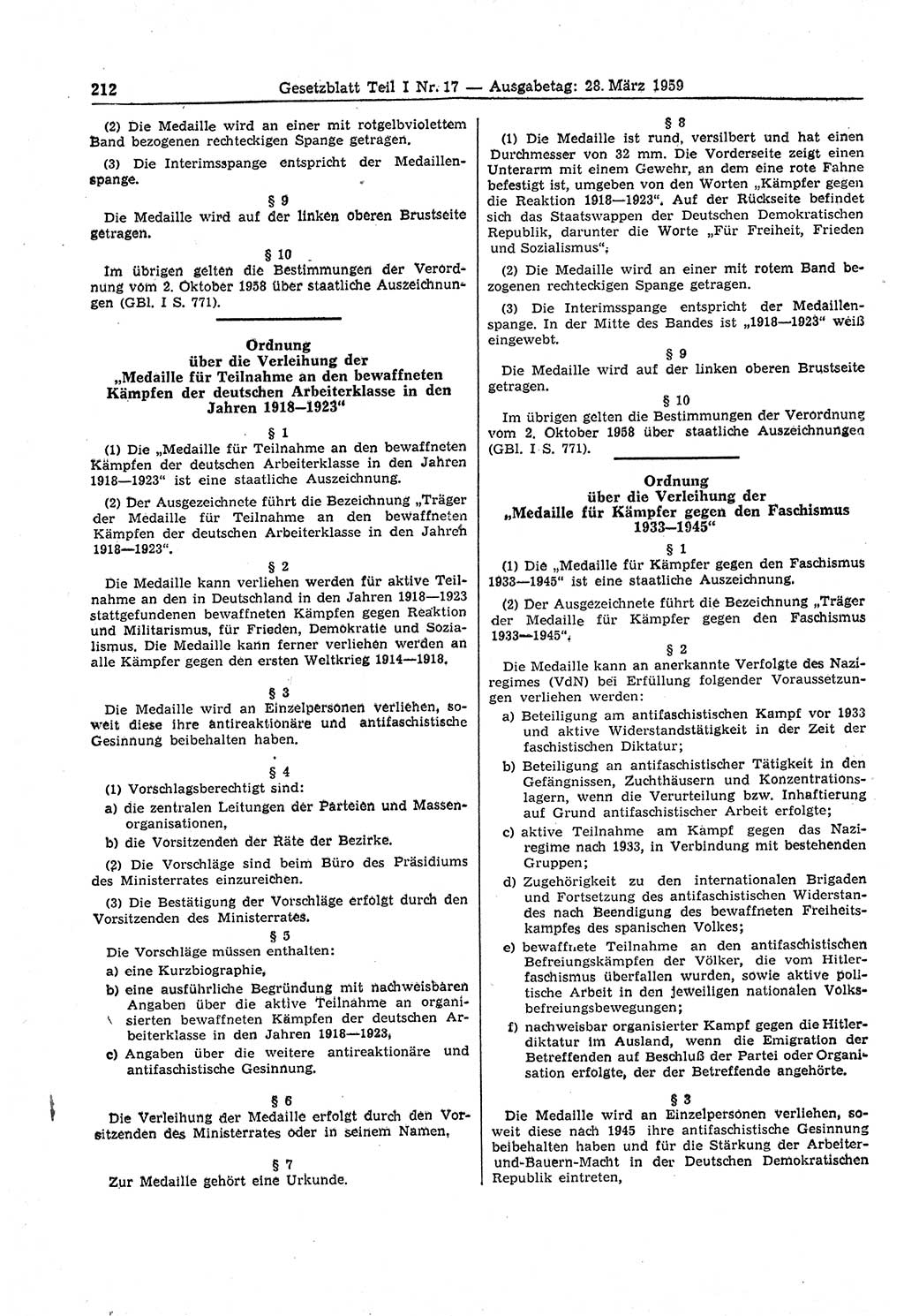 Gesetzblatt (GBl.) der Deutschen Demokratischen Republik (DDR) Teil Ⅰ 1959, Seite 212 (GBl. DDR Ⅰ 1959, S. 212)