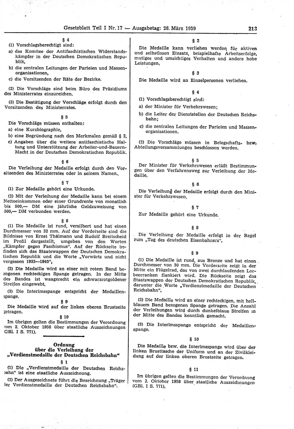 Gesetzblatt (GBl.) der Deutschen Demokratischen Republik (DDR) Teil Ⅰ 1959, Seite 213 (GBl. DDR Ⅰ 1959, S. 213)