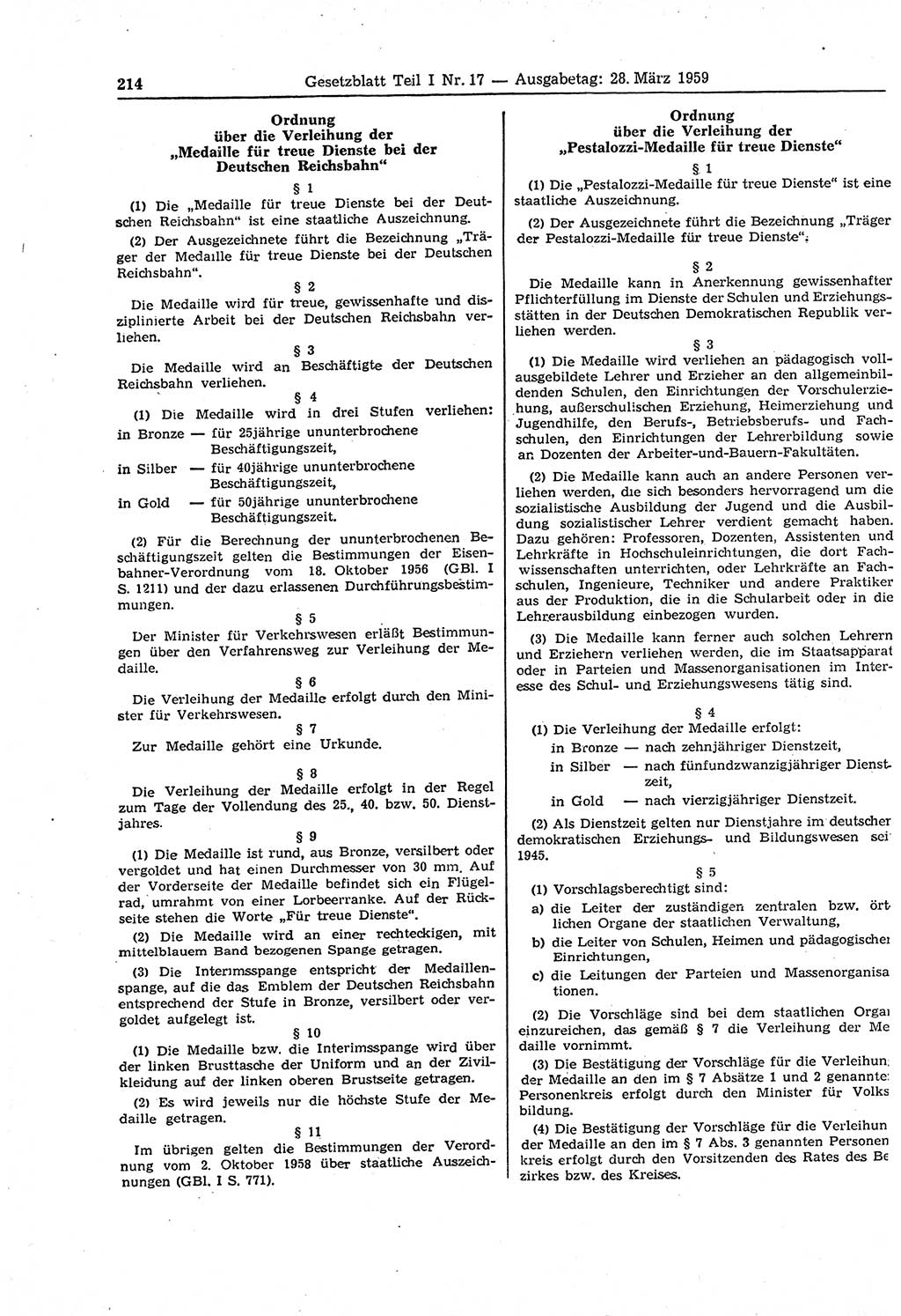 Gesetzblatt (GBl.) der Deutschen Demokratischen Republik (DDR) Teil Ⅰ 1959, Seite 214 (GBl. DDR Ⅰ 1959, S. 214)