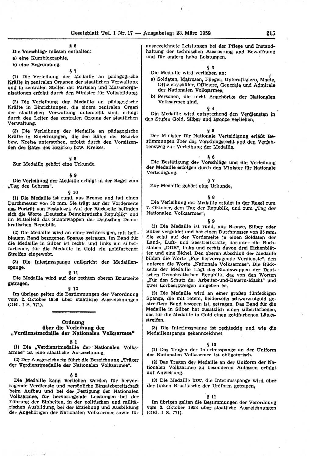 Gesetzblatt (GBl.) der Deutschen Demokratischen Republik (DDR) Teil Ⅰ 1959, Seite 215 (GBl. DDR Ⅰ 1959, S. 215)