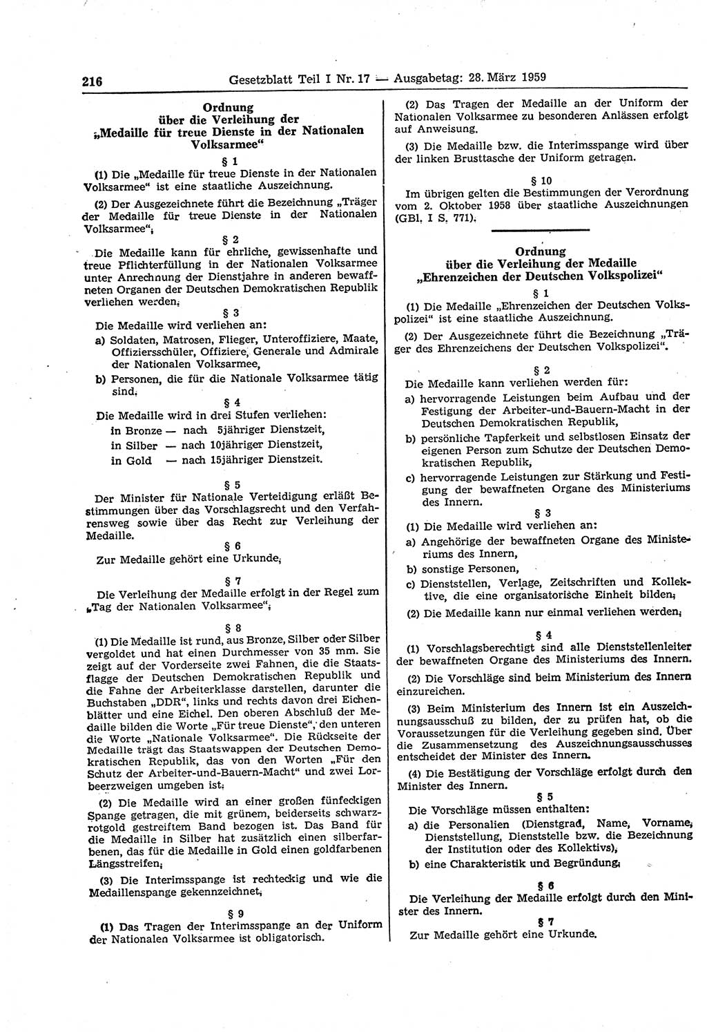 Gesetzblatt (GBl.) der Deutschen Demokratischen Republik (DDR) Teil Ⅰ 1959, Seite 216 (GBl. DDR Ⅰ 1959, S. 216)