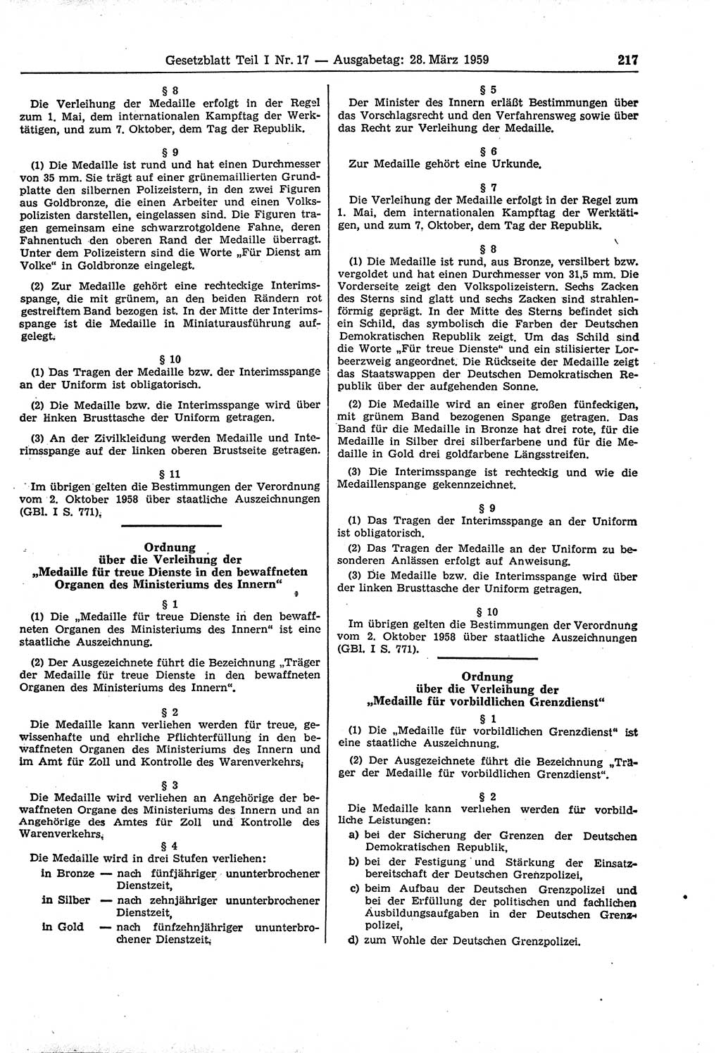 Gesetzblatt (GBl.) der Deutschen Demokratischen Republik (DDR) Teil Ⅰ 1959, Seite 217 (GBl. DDR Ⅰ 1959, S. 217)