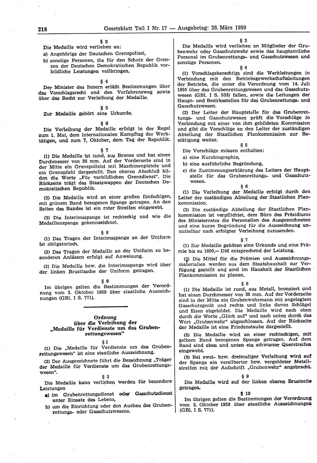Gesetzblatt (GBl.) der Deutschen Demokratischen Republik (DDR) Teil Ⅰ 1959, Seite 218 (GBl. DDR Ⅰ 1959, S. 218)